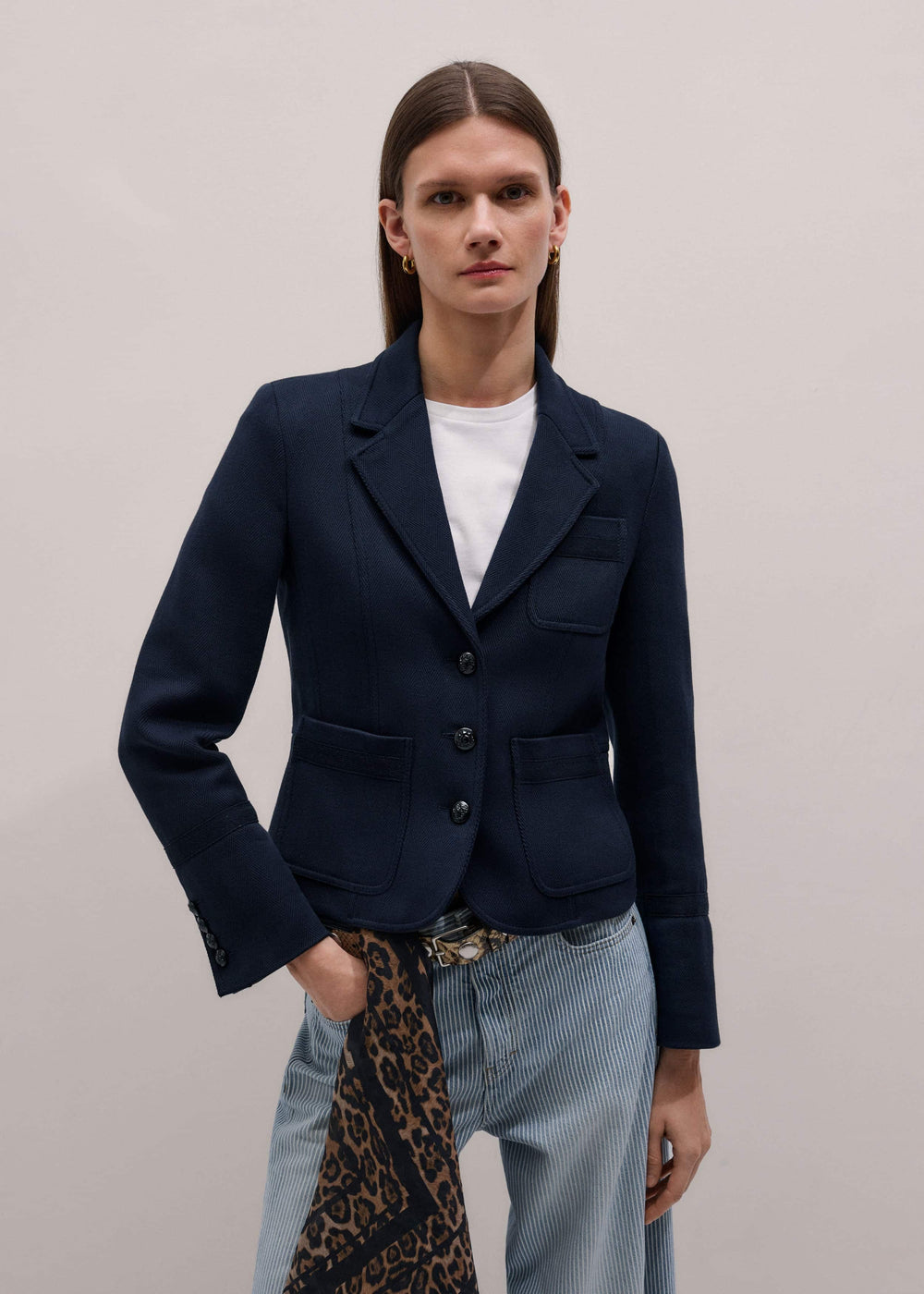 Navy Herringbone Fitted Crop Jacket