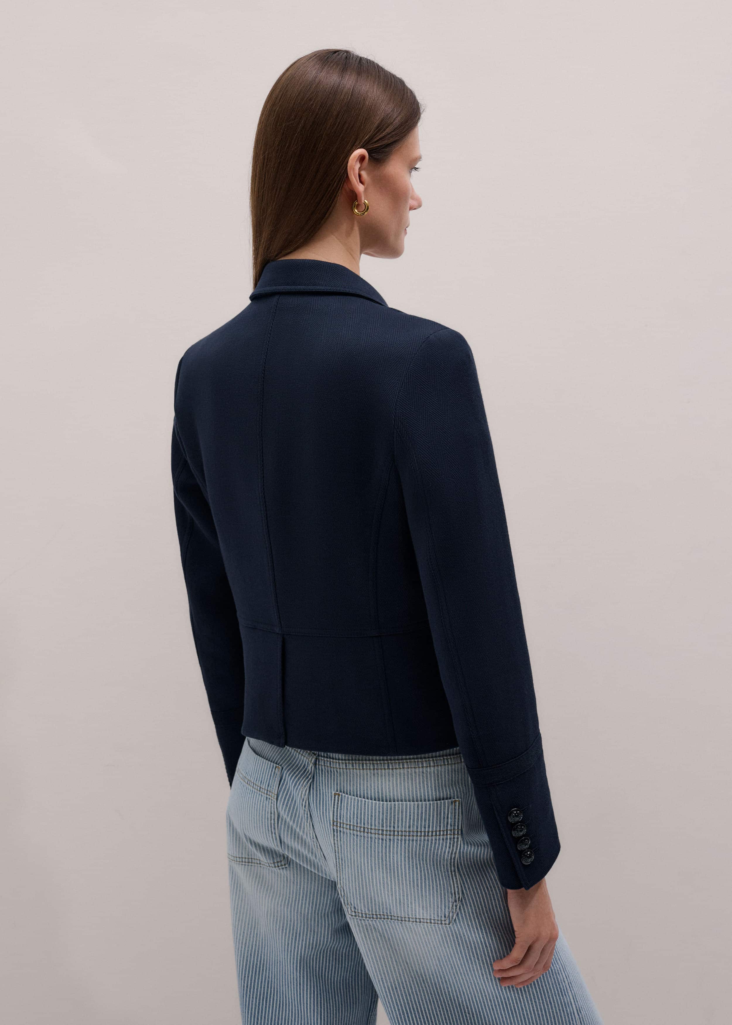 Navy Herringbone Fitted Crop Jacket
