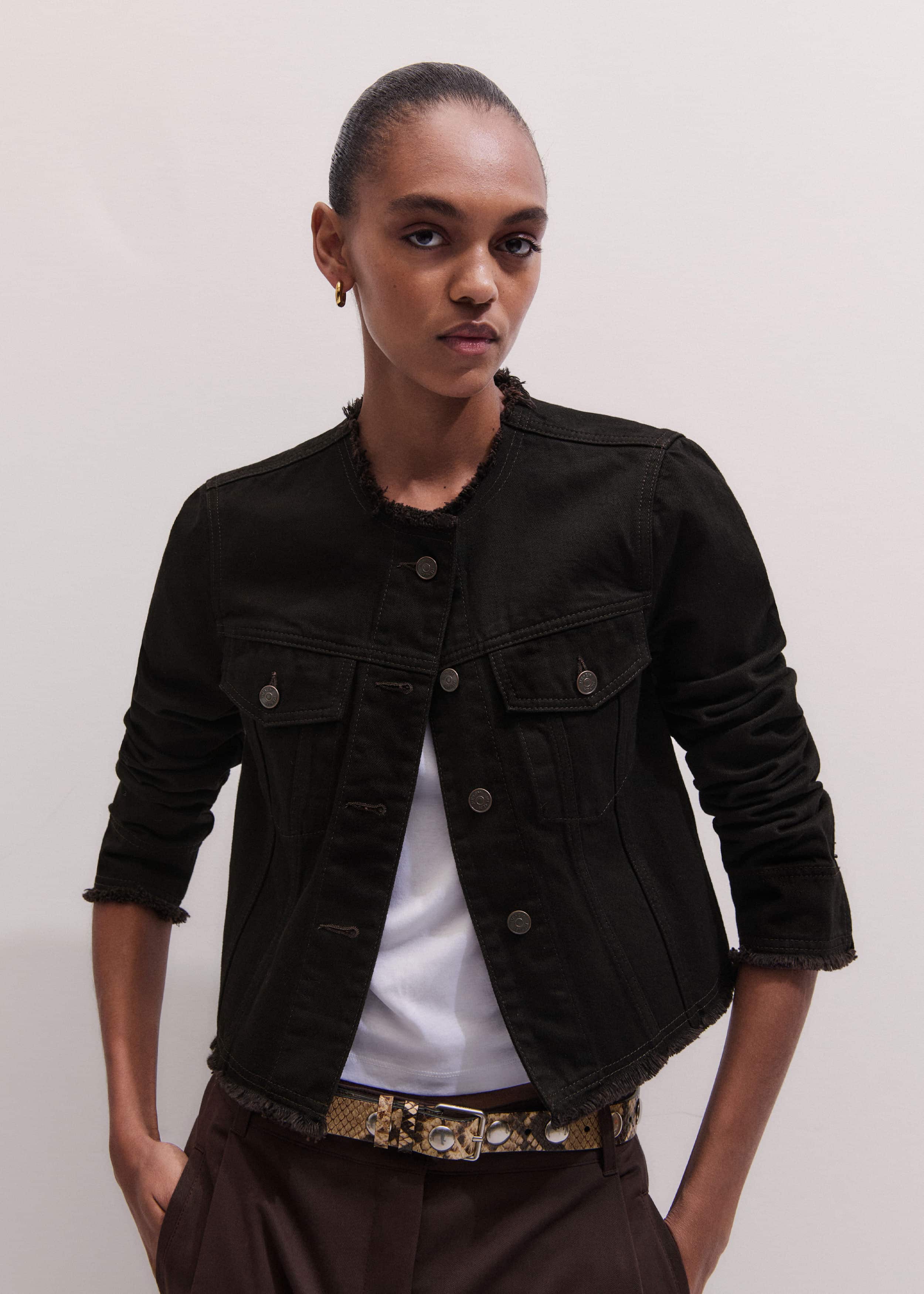 Black Collarless Fray Jacket