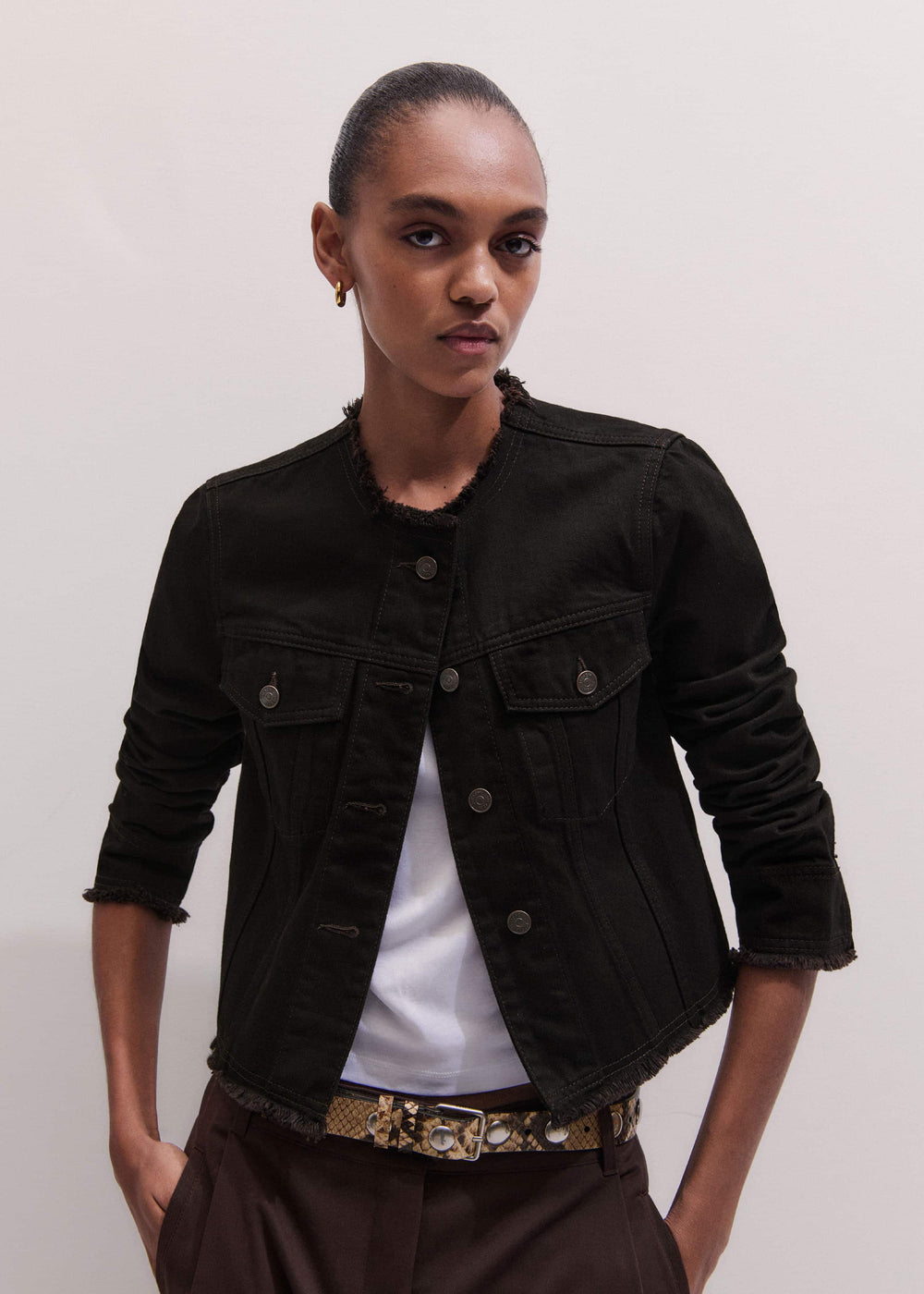 Black Collarless Fray Jacket