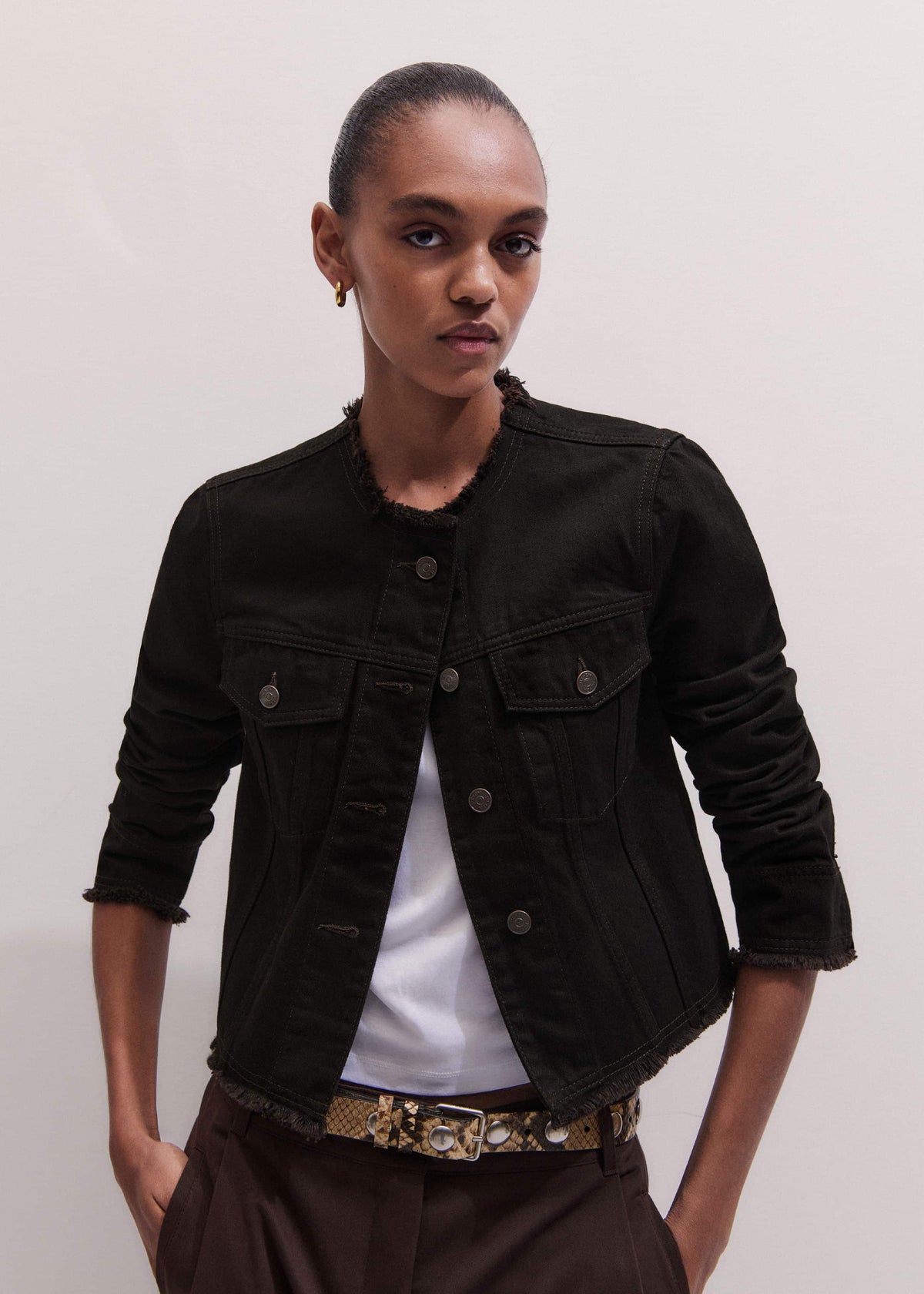 Black Collarless Fray Jacket