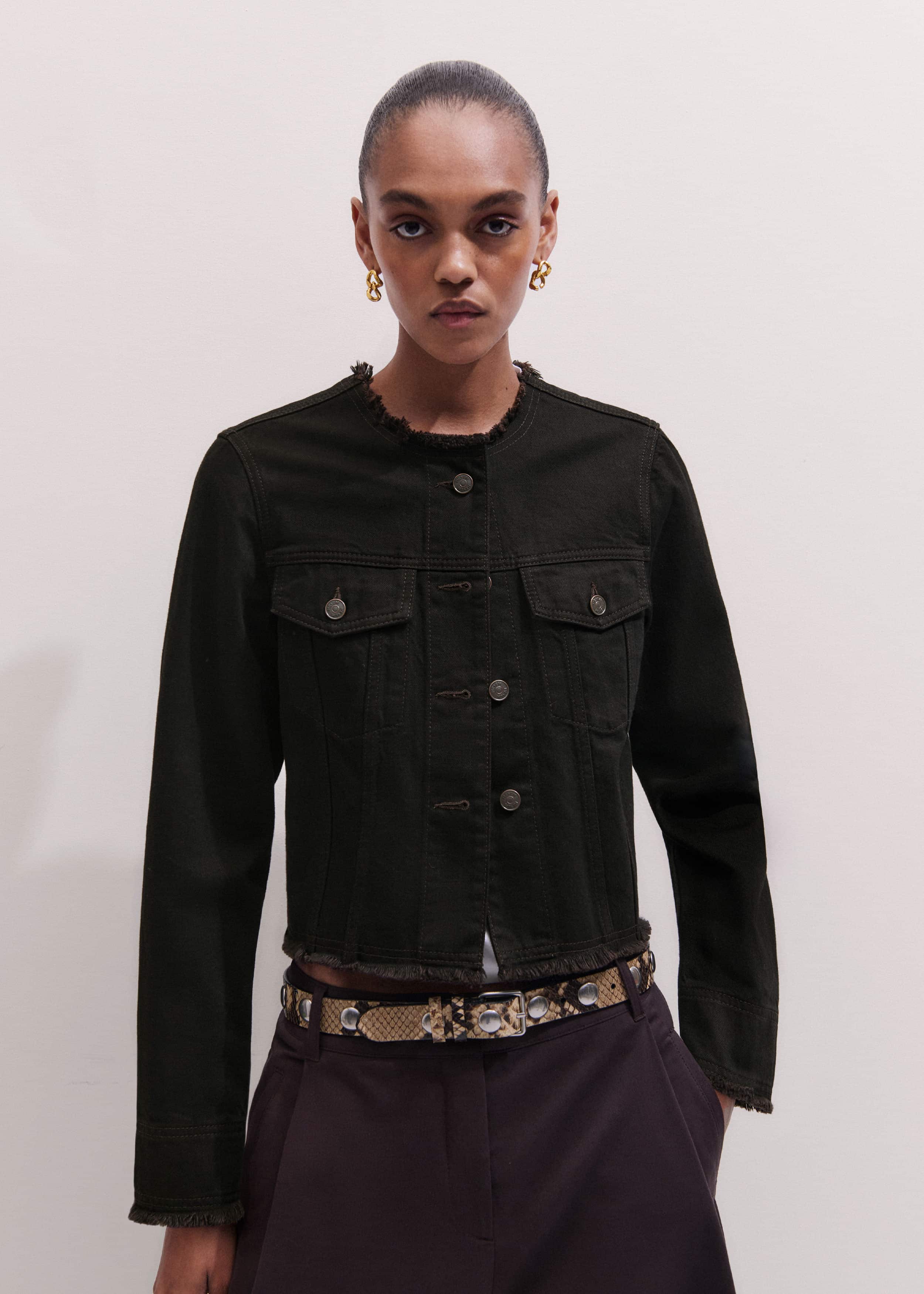 Black Collarless Fray Jacket