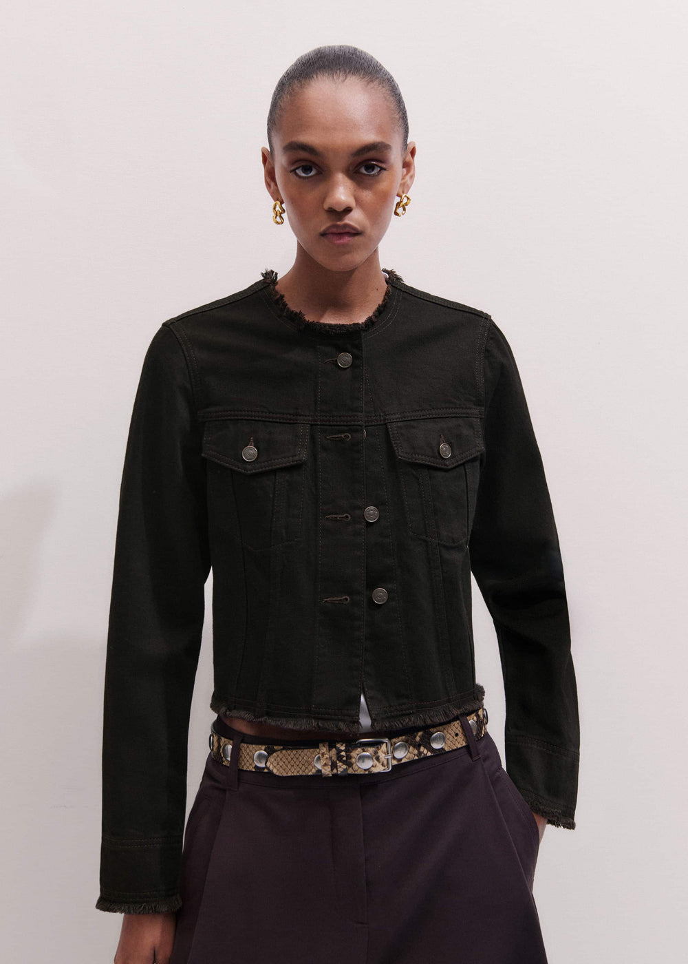 Black Collarless Fray Jacket