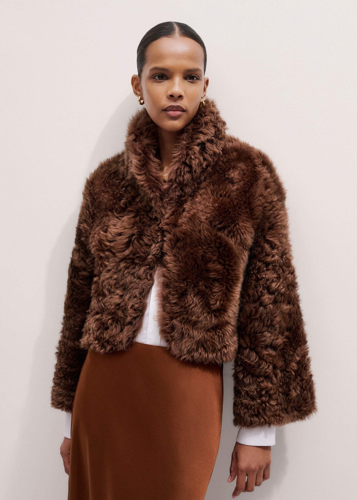 Brown Luxe Shearling Evening Crop Jacket
