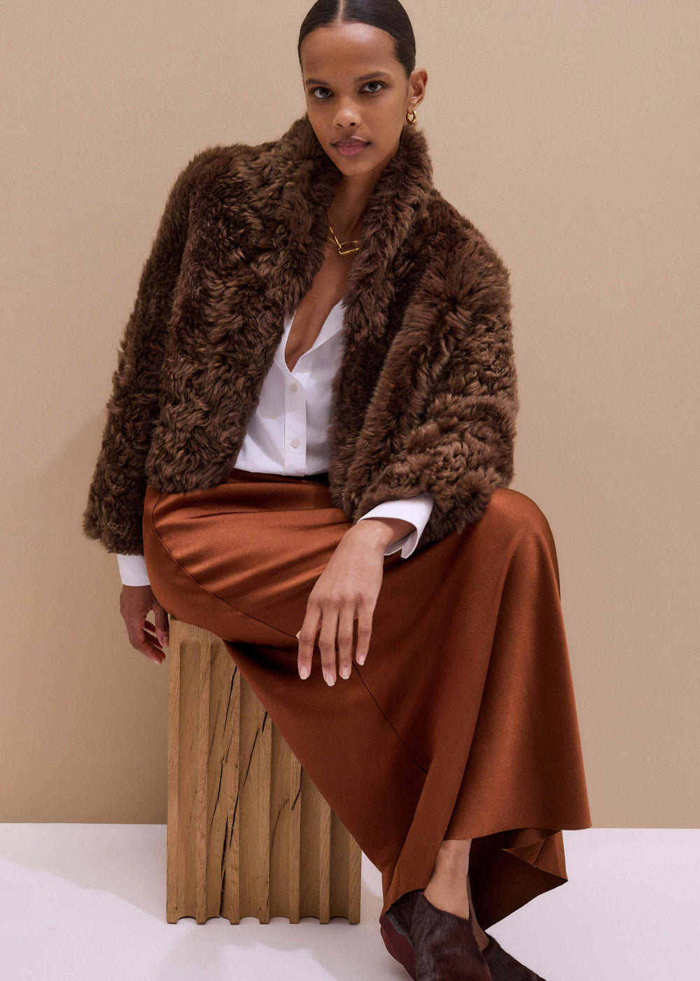 Brown Luxe Shearling Evening Crop Jacket