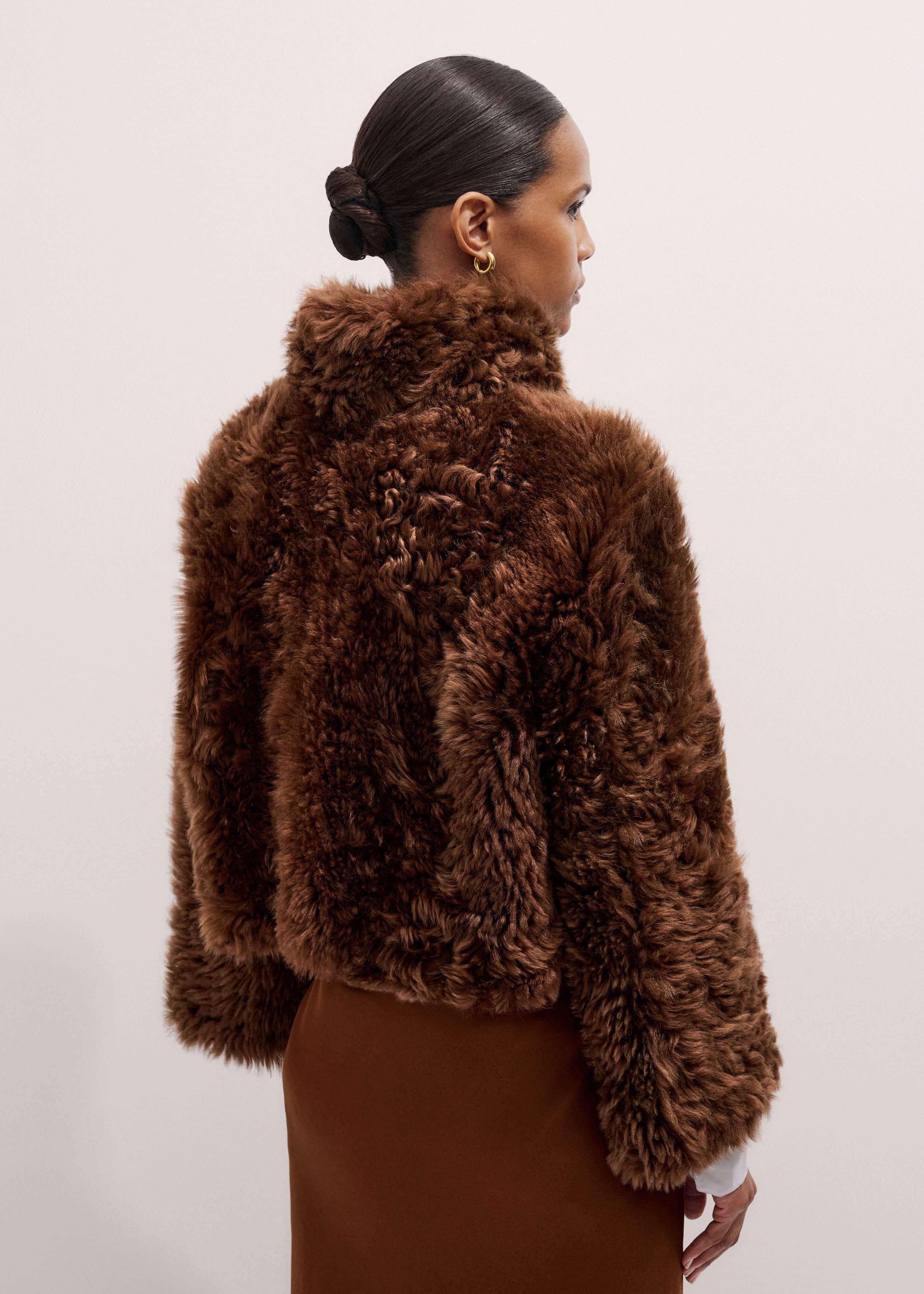 Brown Luxe Shearling Evening Crop Jacket