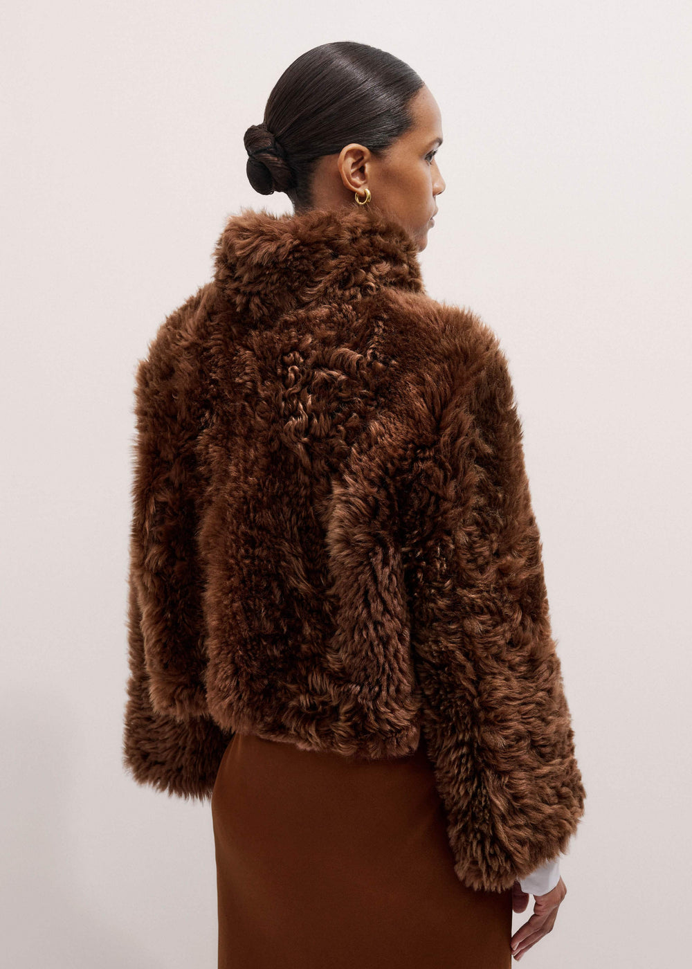Brown Luxe Shearling Evening Crop Jacket