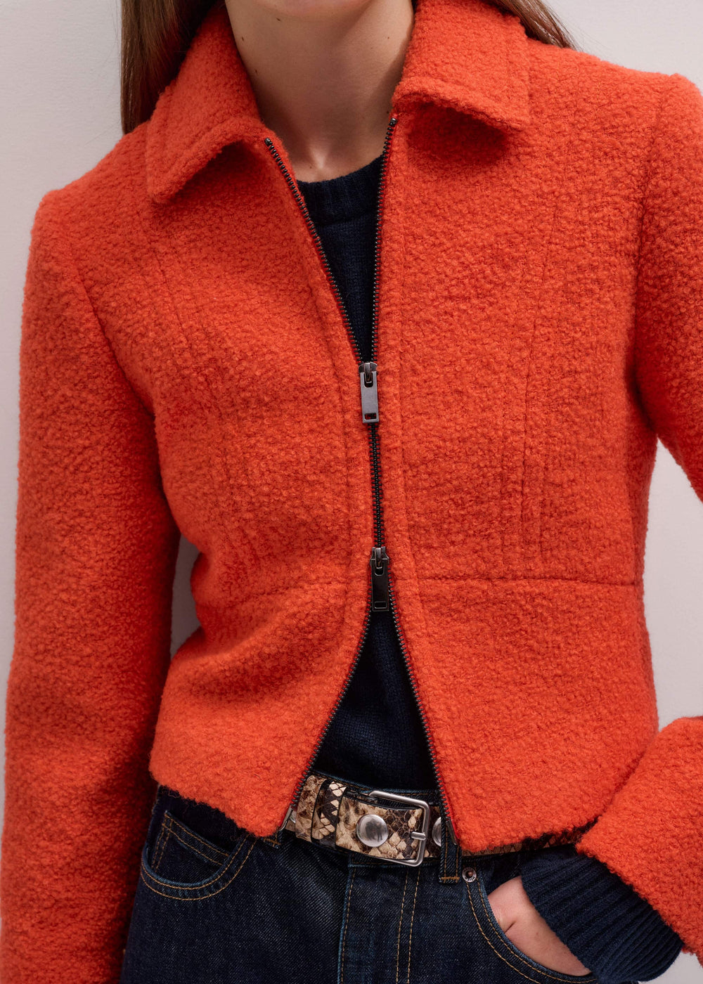 Orange Cropped Bouclé Jacket