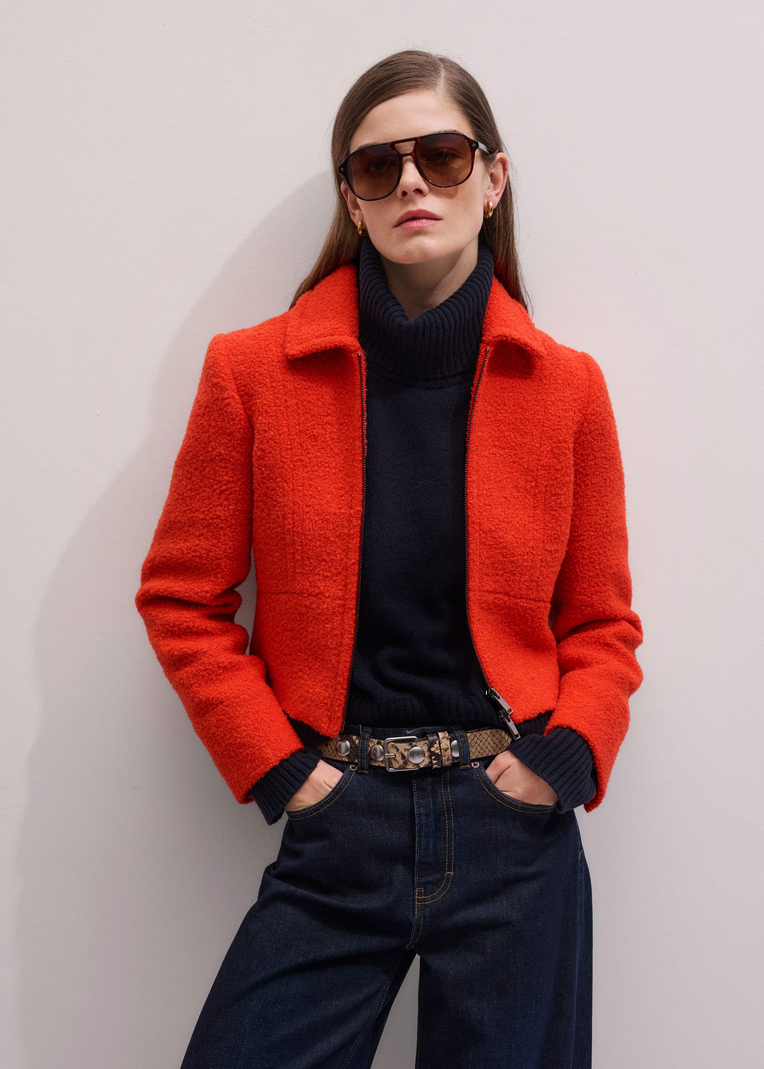 Orange Cropped Bouclé Jacket