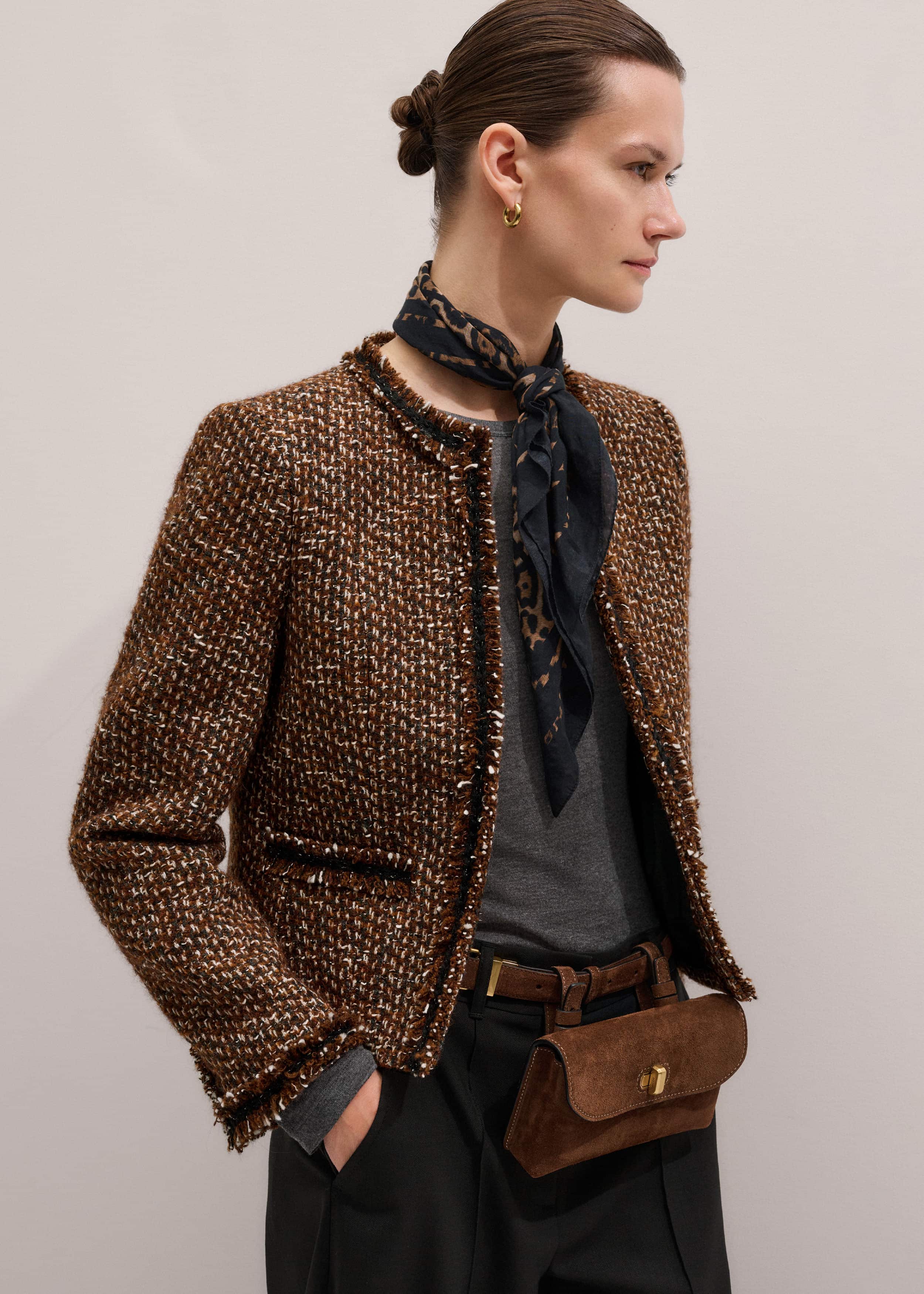 Brown Slim Tweed Fringed Jacket
