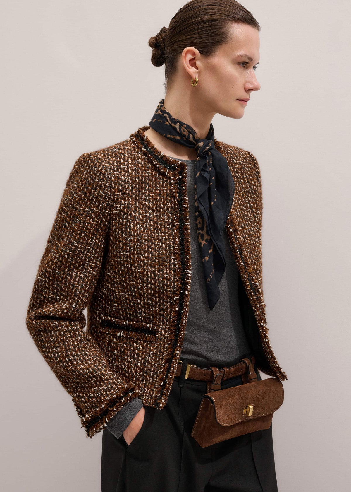Brown Slim Tweed Fringed Jacket