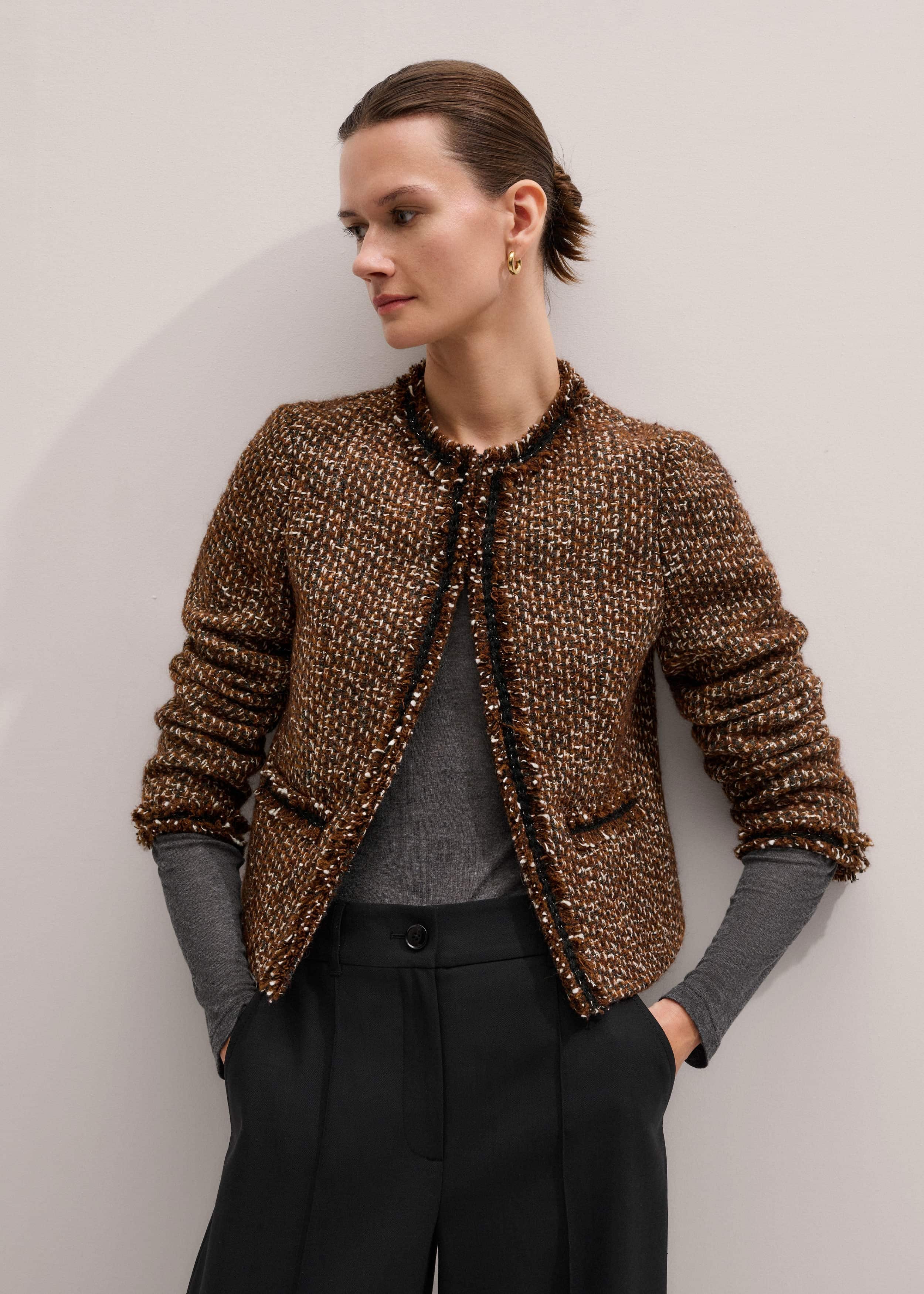Brown Slim Tweed Fringed Jacket