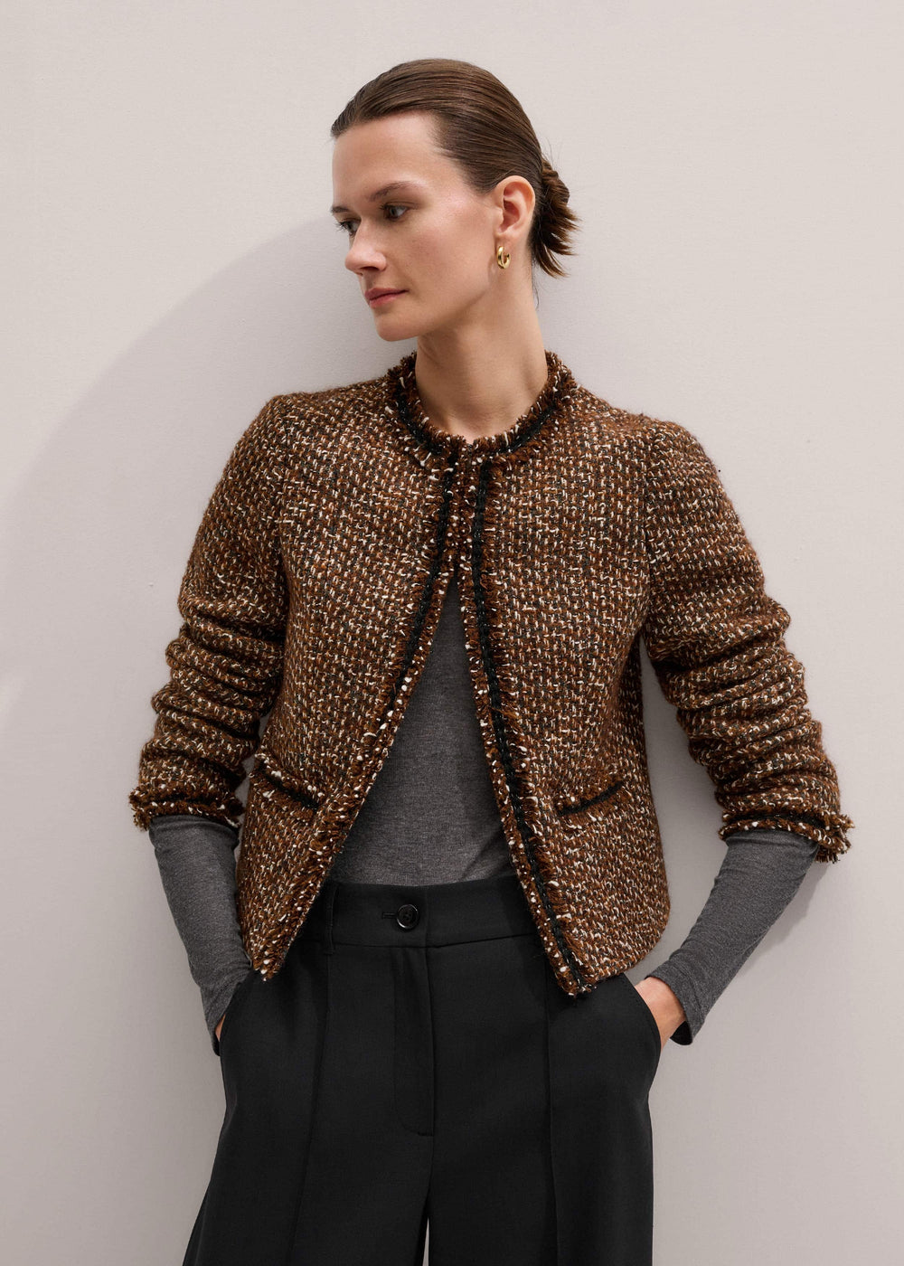 Brown Slim Tweed Fringed Jacket