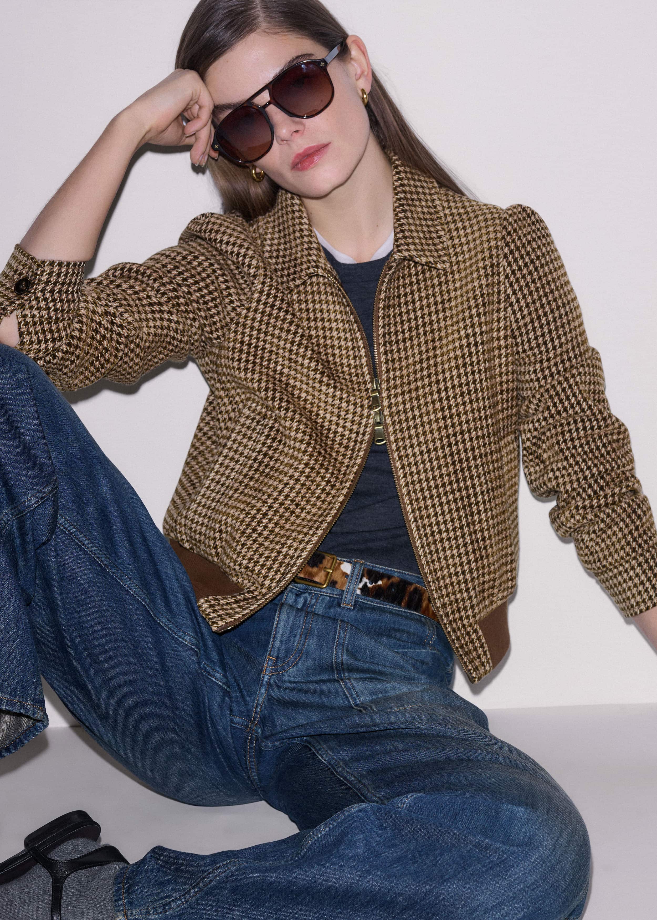 Brown Super Soft Houndstooth Bomber Jacket
