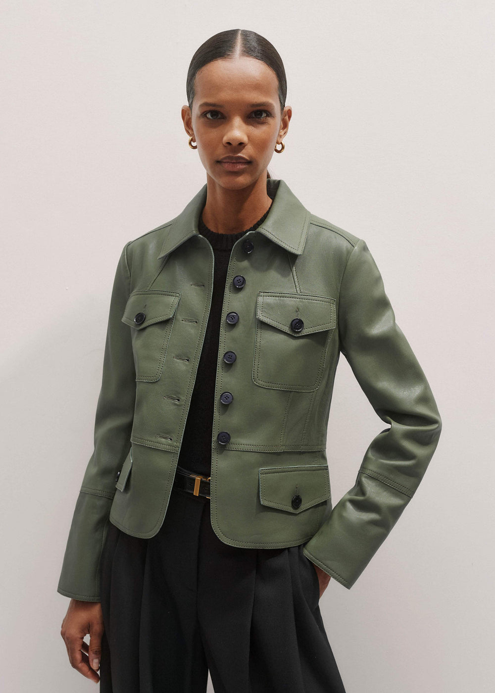 Green Washed Leather Fitted Utility Jacket