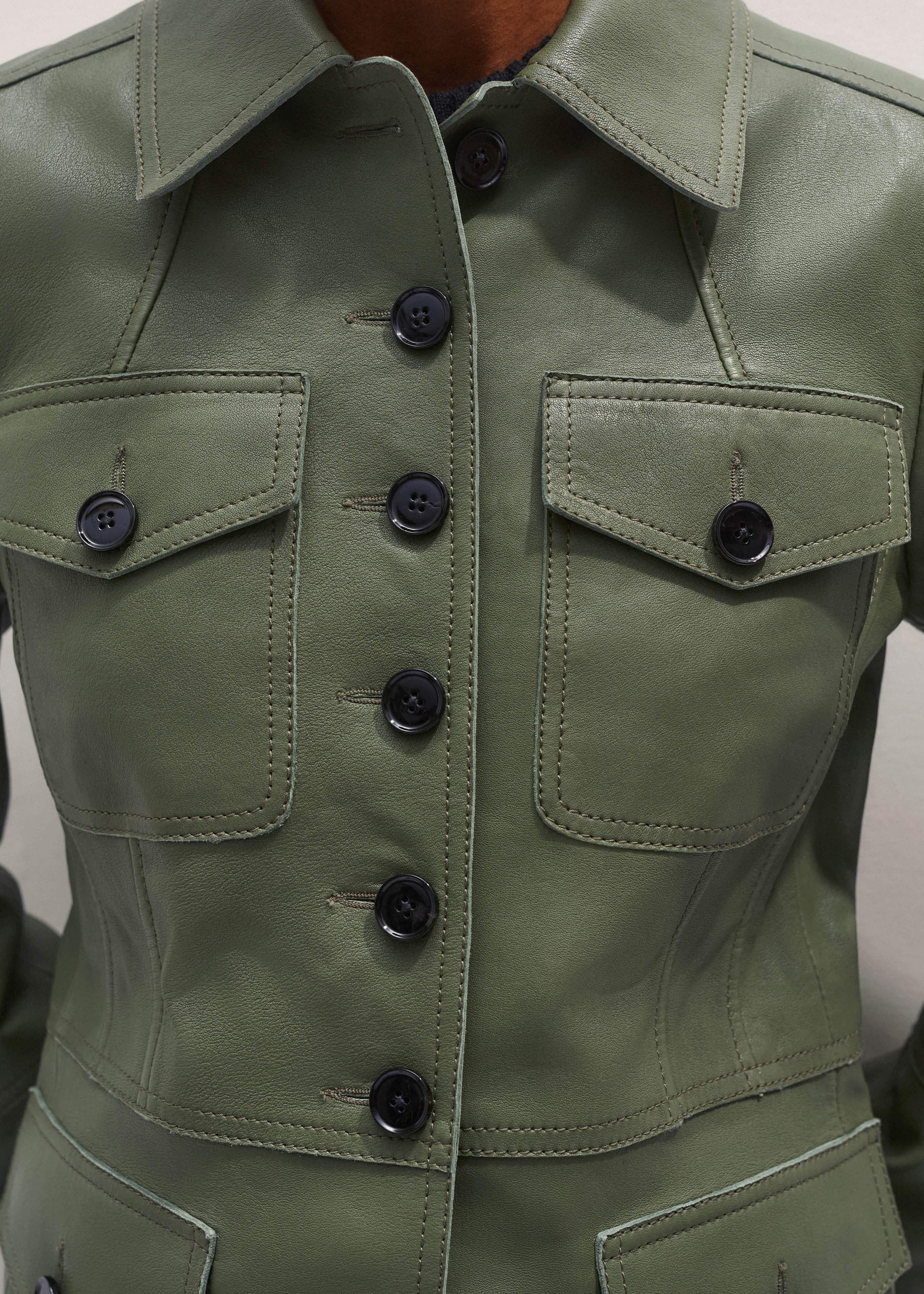 Green Washed Leather Fitted Utility Jacket