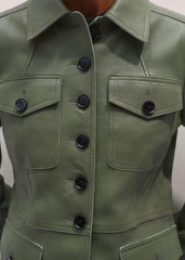 Green Washed Leather Fitted Utility Jacket
