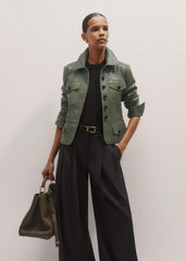 Green Washed Leather Fitted Utility Jacket