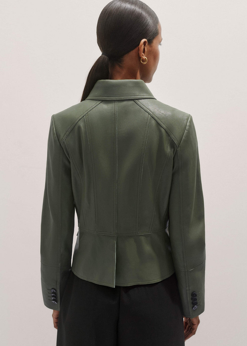 Green Washed Leather Fitted Utility Jacket