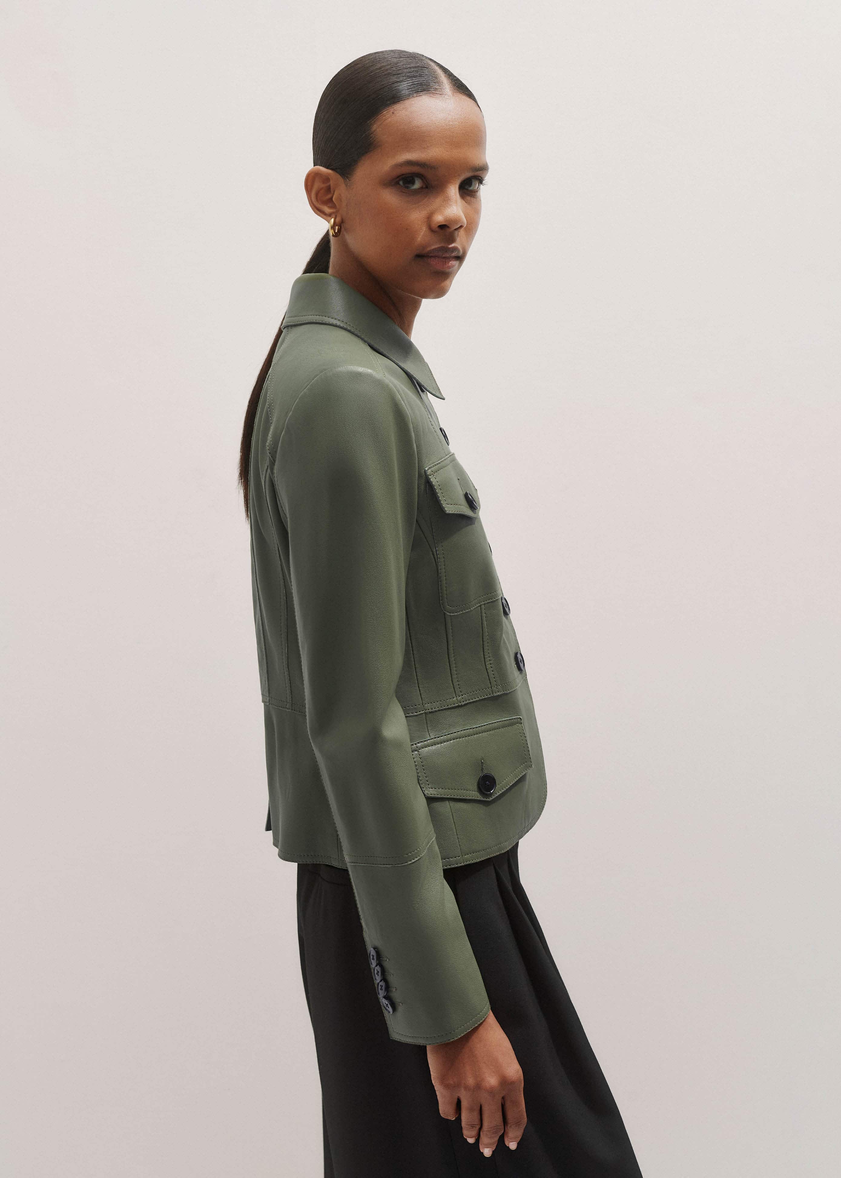 Green Washed Leather Fitted Utility Jacket