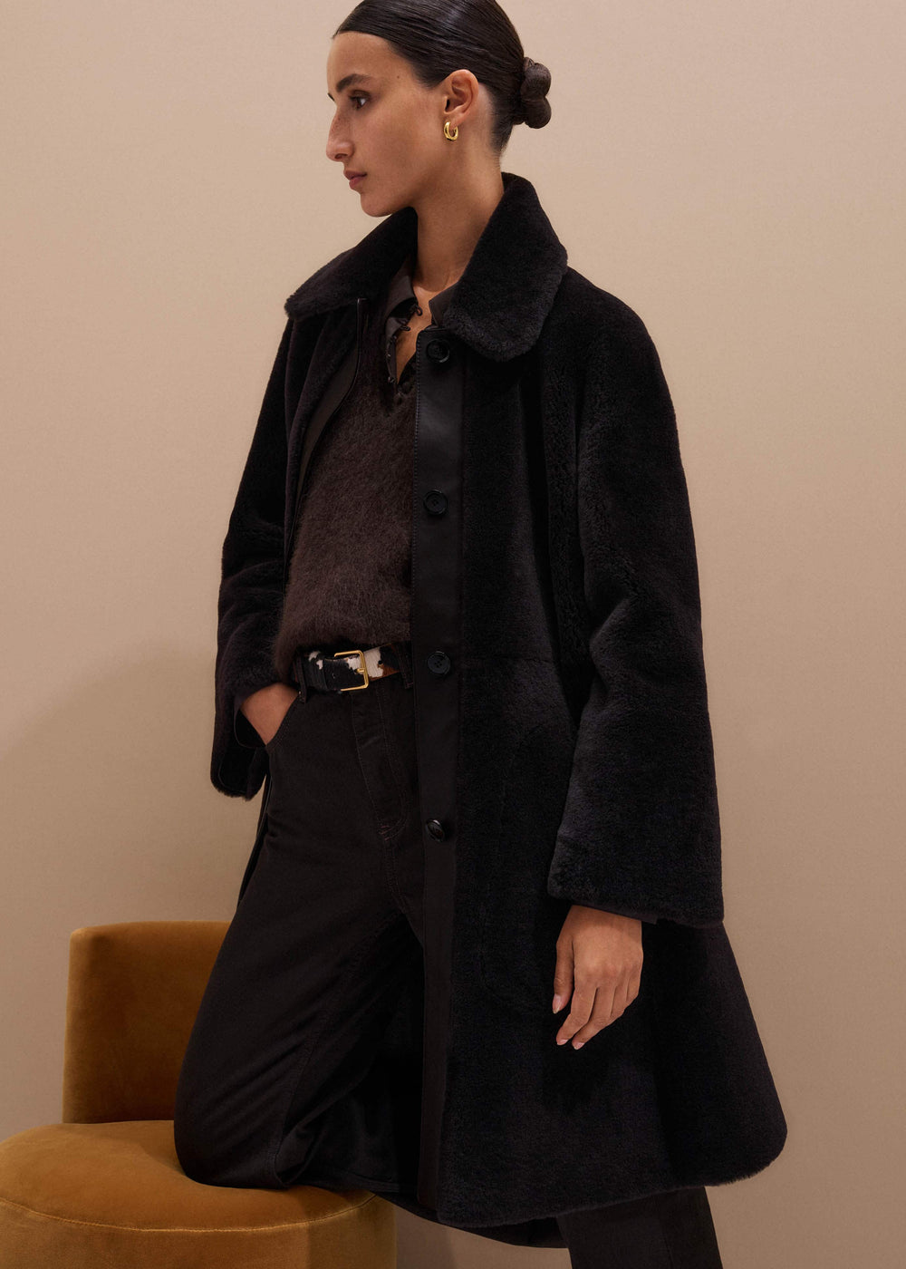 Brown Luxe Shearling Leather Mix Swing Coat