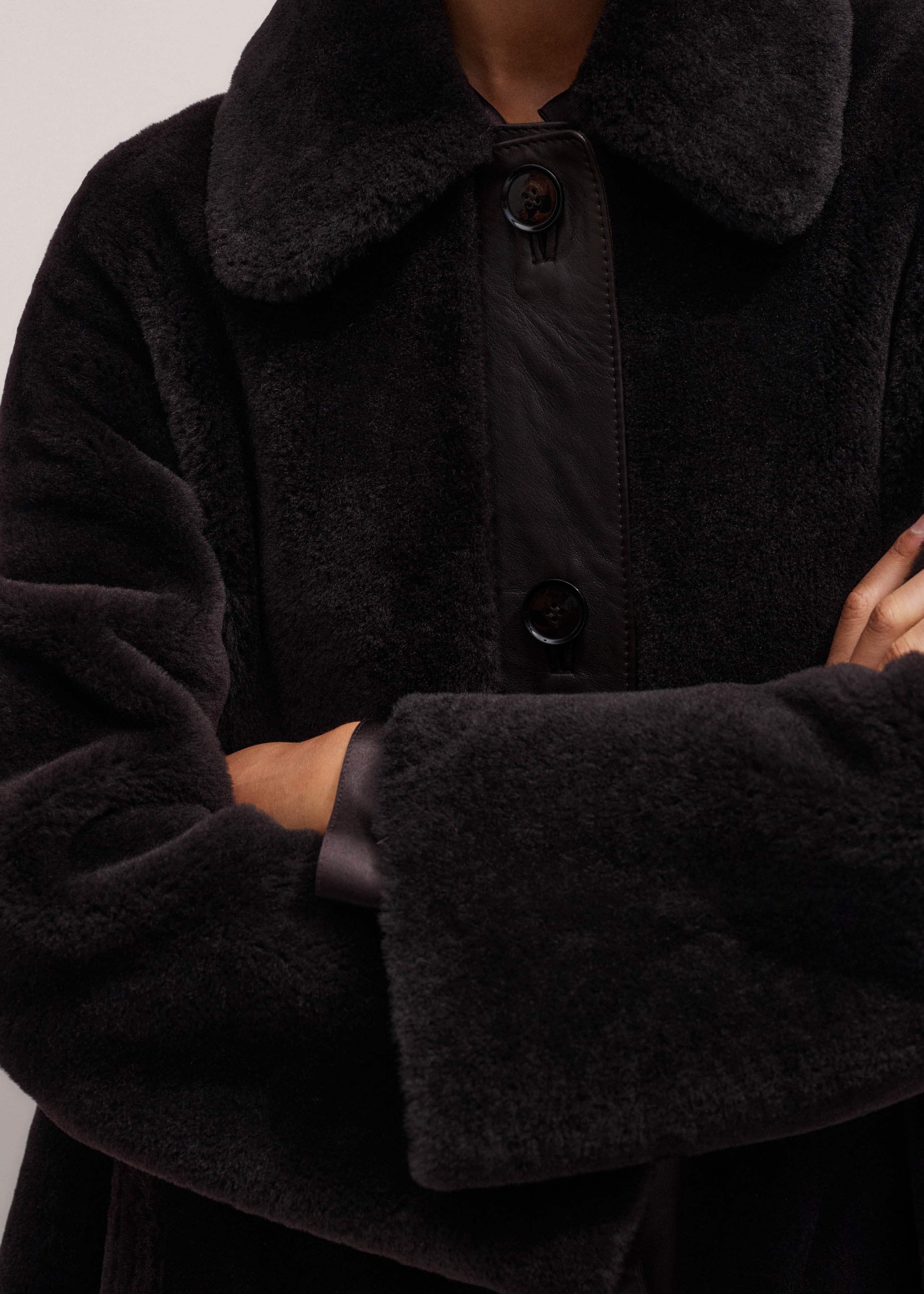 Brown Luxe Shearling Leather Mix Swing Coat