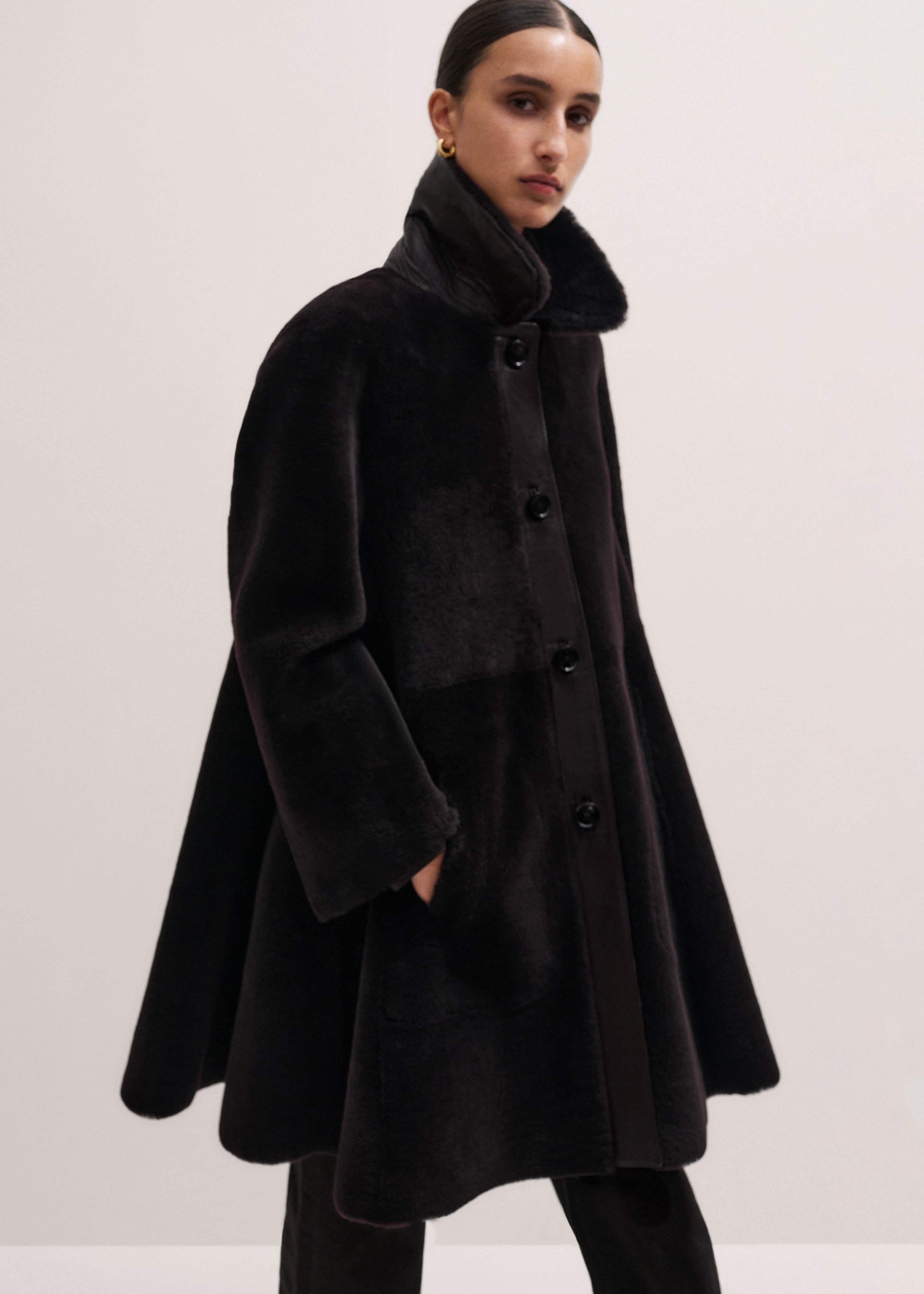 Brown Luxe Shearling Leather Mix Swing Coat