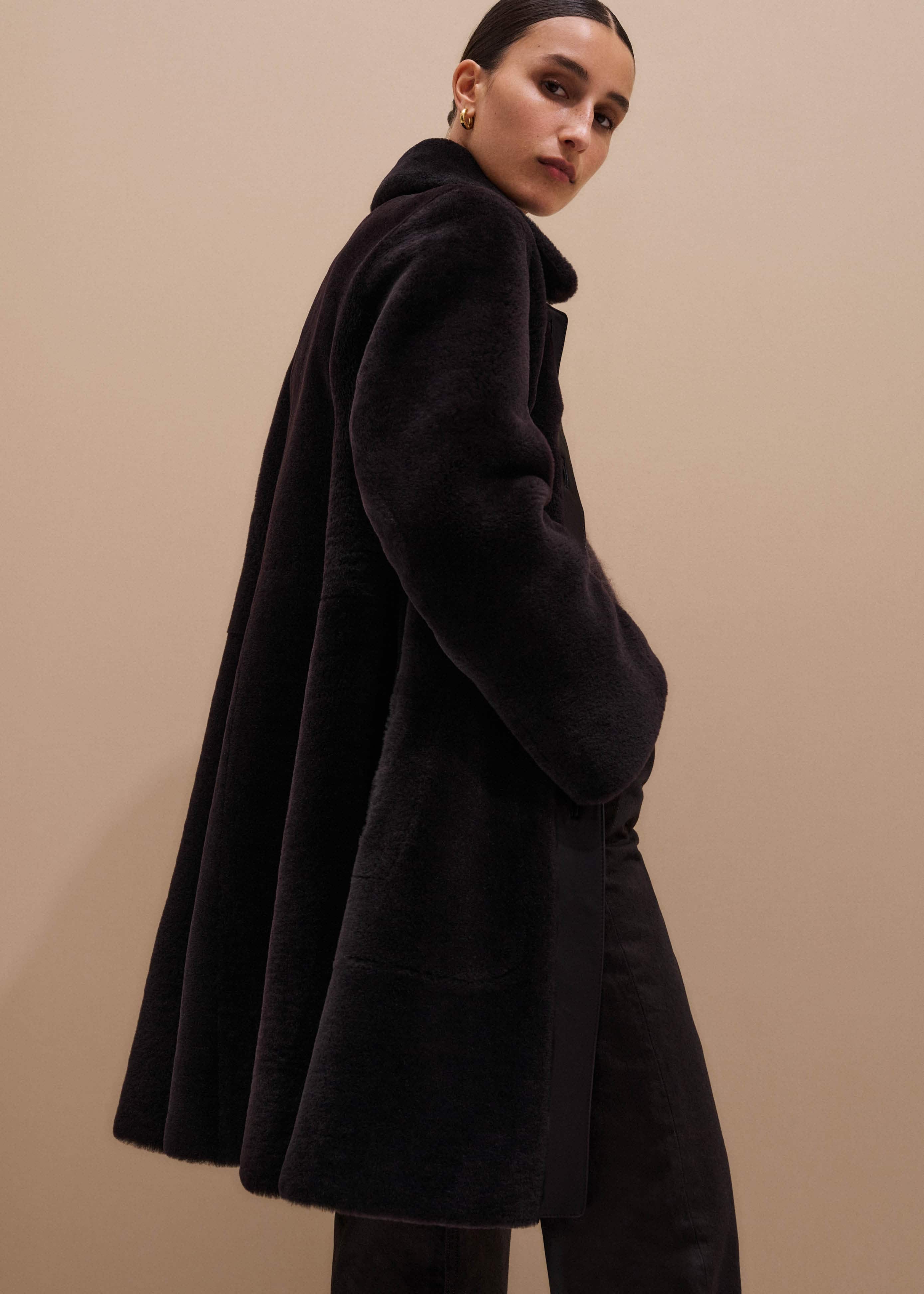 Brown Luxe Shearling Leather Mix Swing Coat