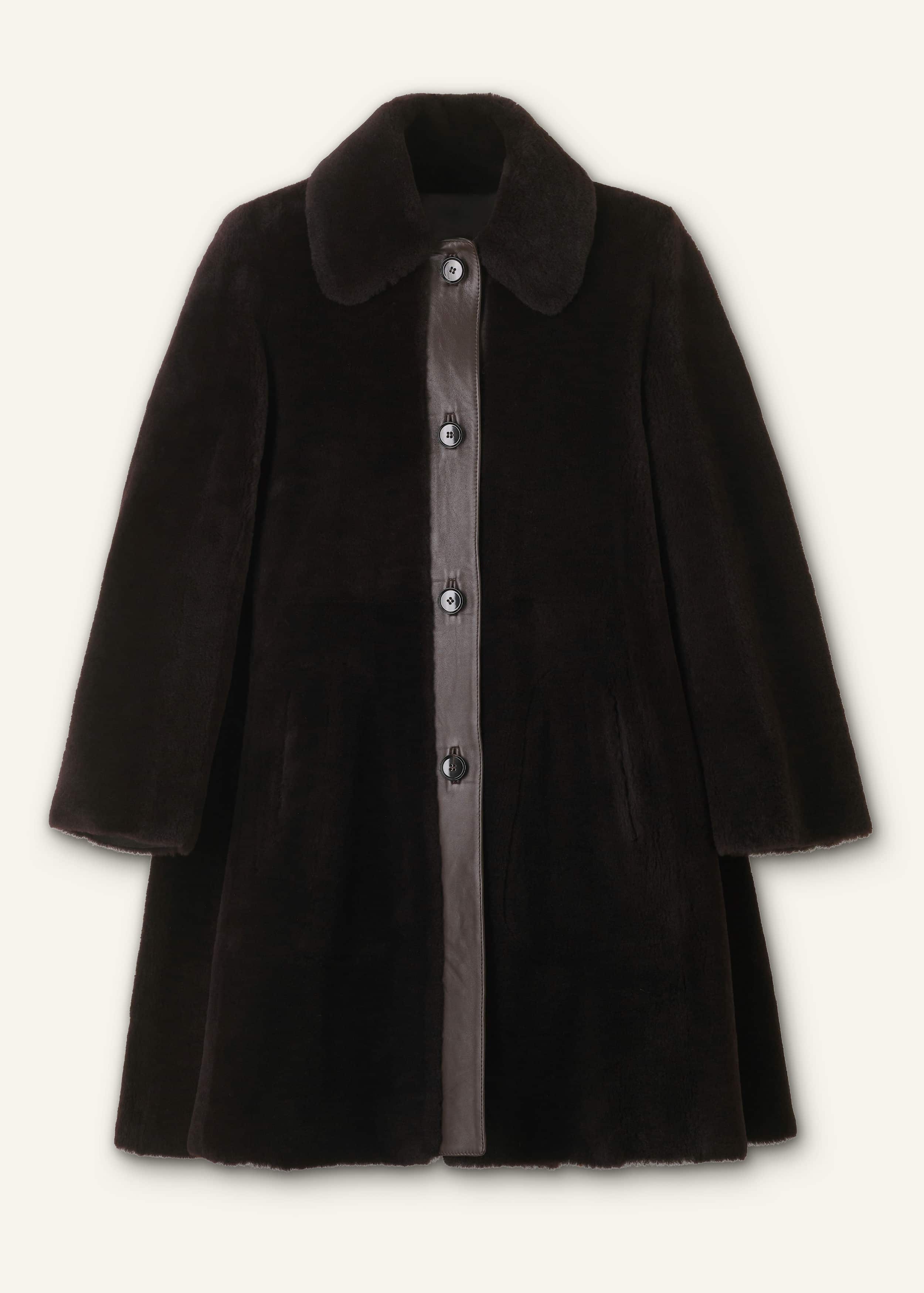 Brown Luxe Shearling Leather Mix Swing Coat