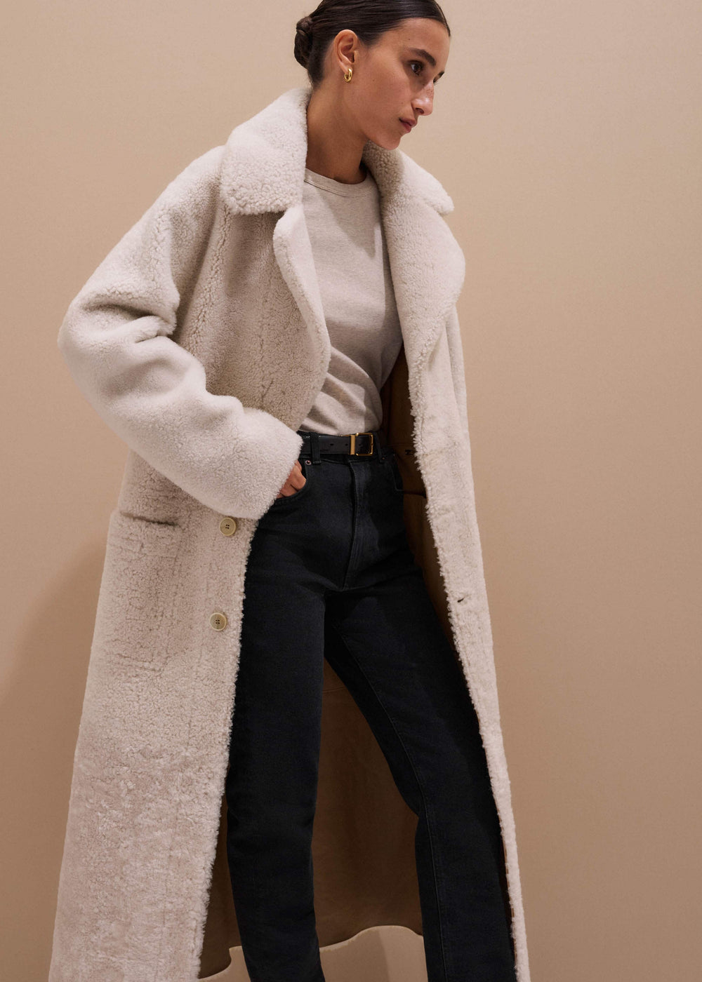 Cream Reversible Shearling Coat + Belt