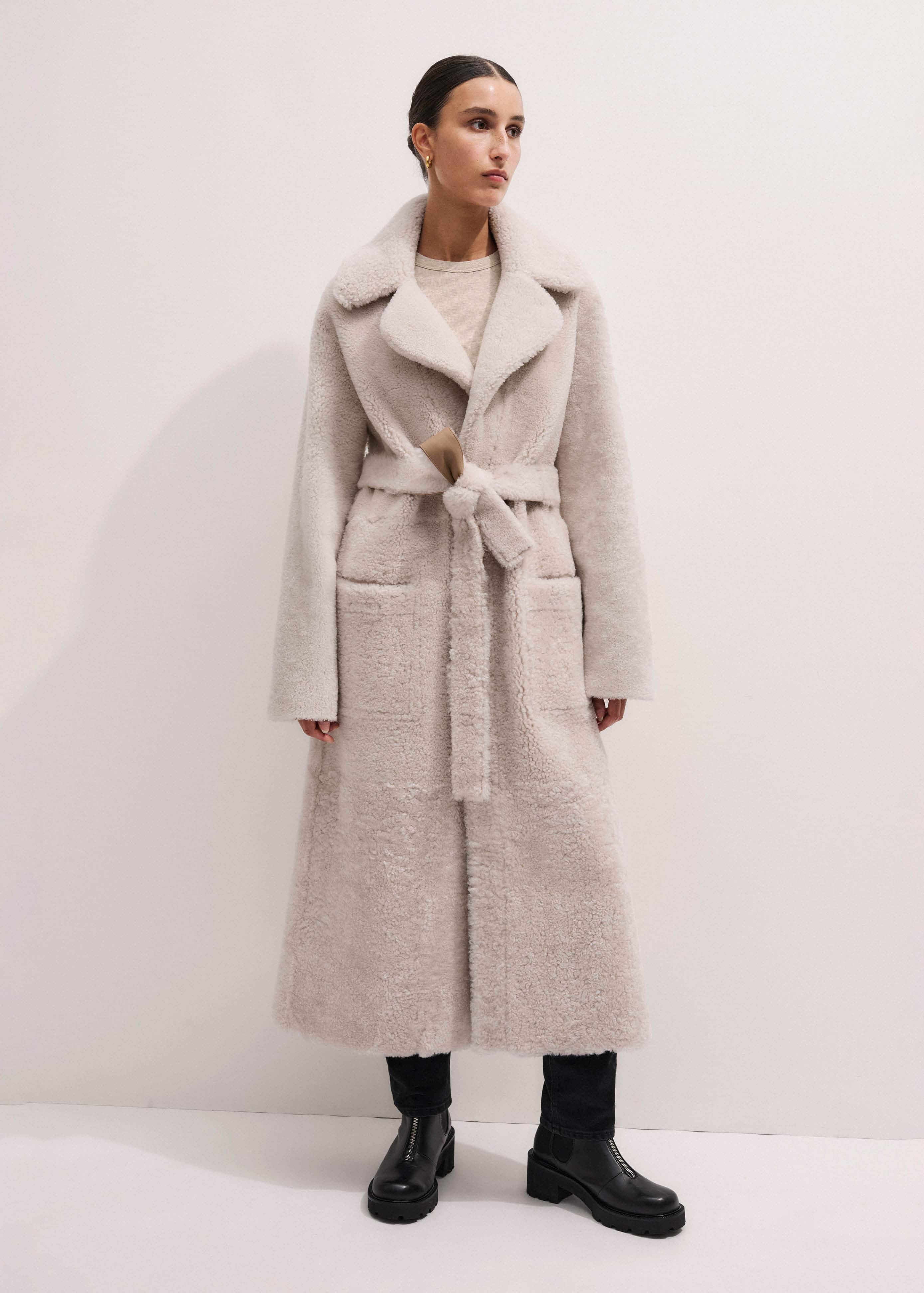 Cream Reversible Shearling Coat + Belt