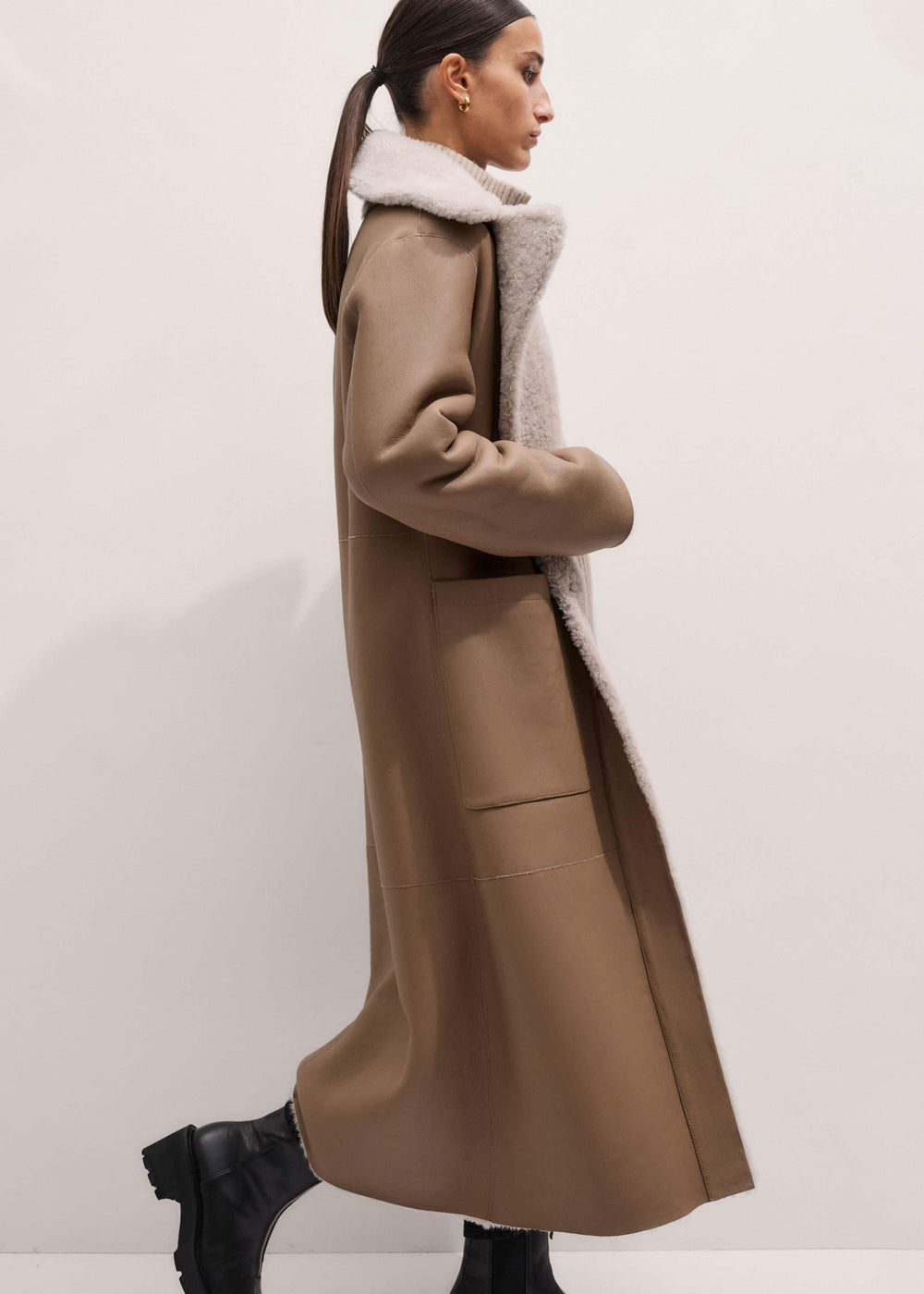 Cream Reversible Shearling Coat + Belt