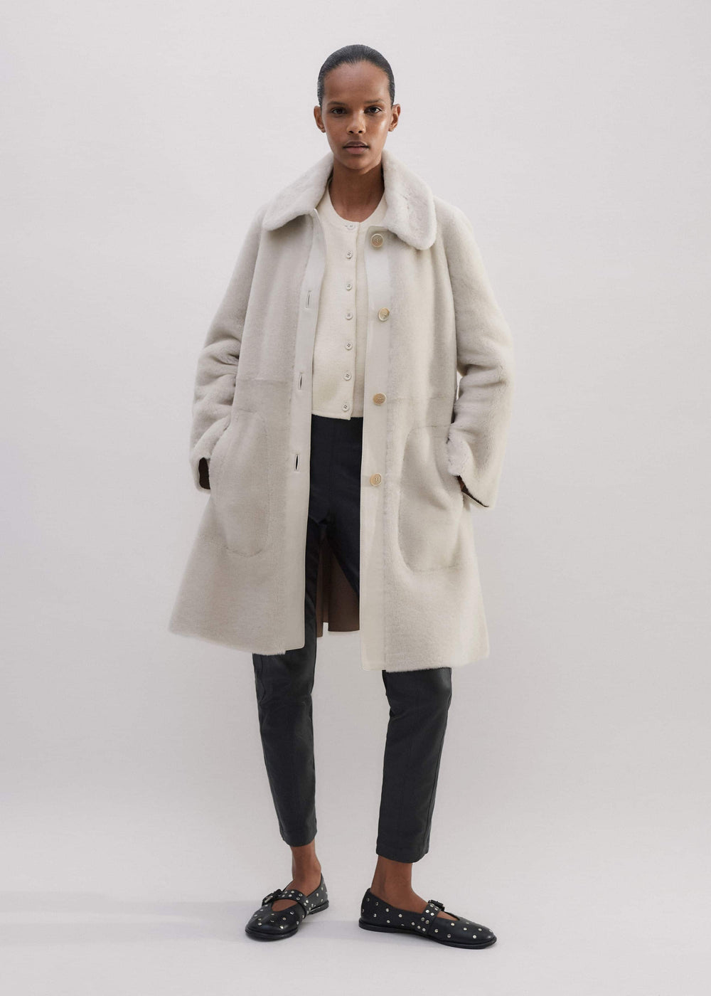 Natural Luxe Shearling Leather-Mix Swing Coat