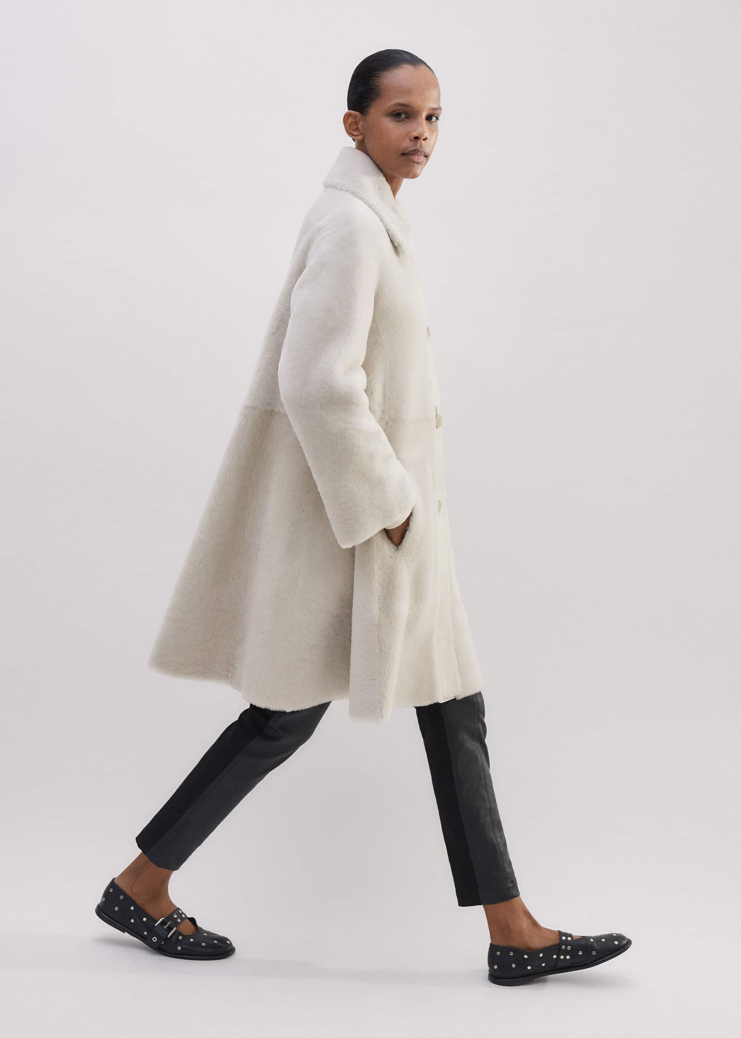 Natural Luxe Shearling Leather-Mix Swing Coat
