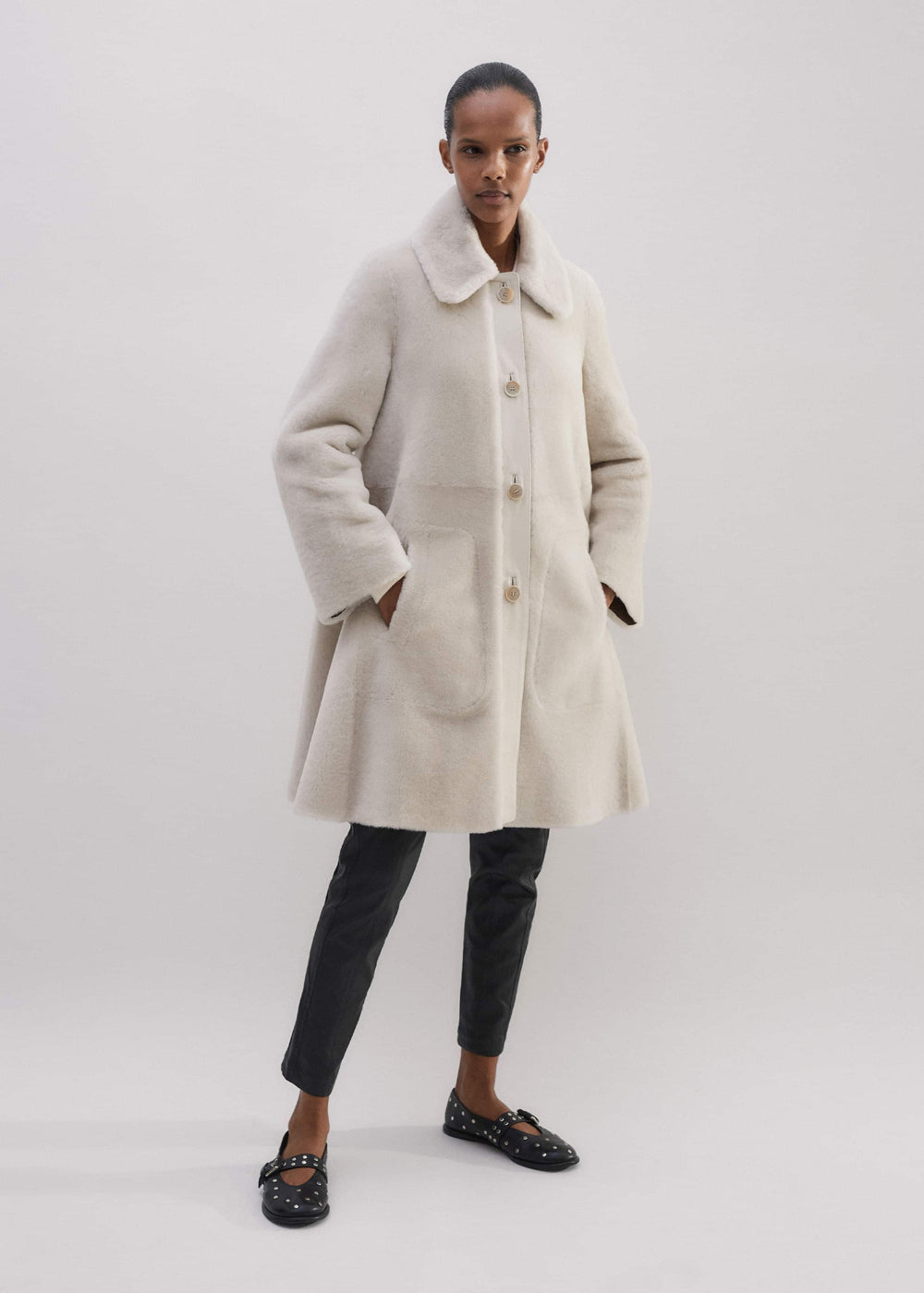 Natural Luxe Shearling Leather-Mix Swing Coat