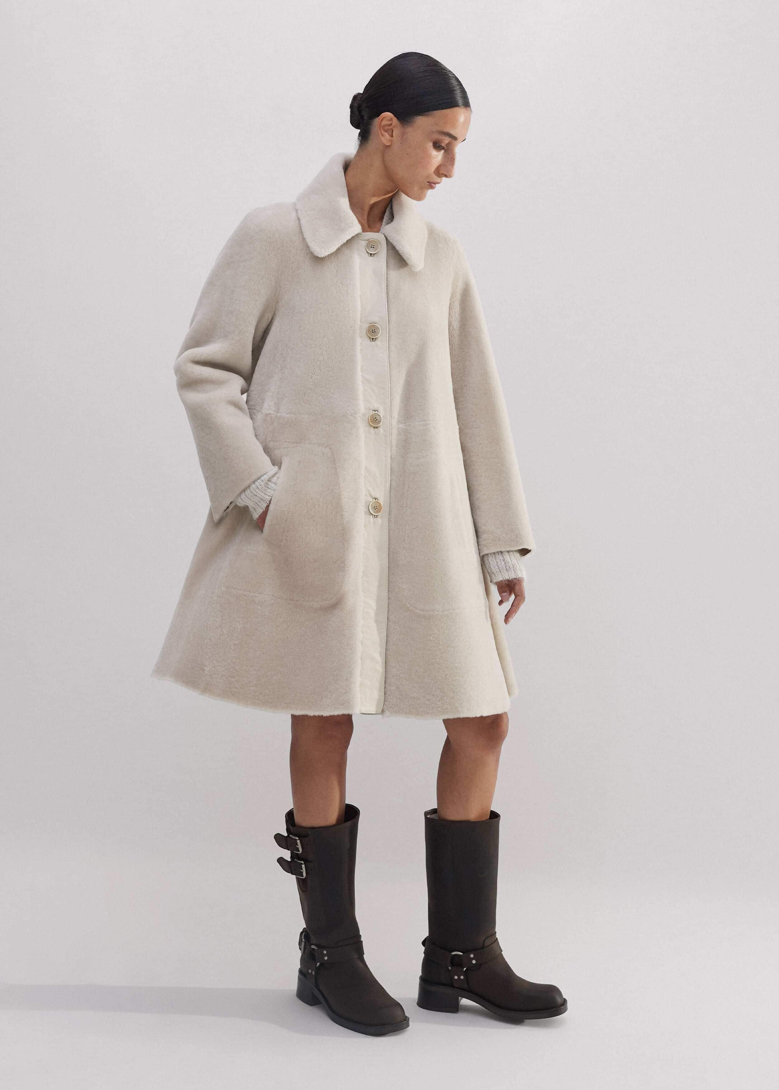Natural Luxe Shearling Leather-Mix Swing Coat