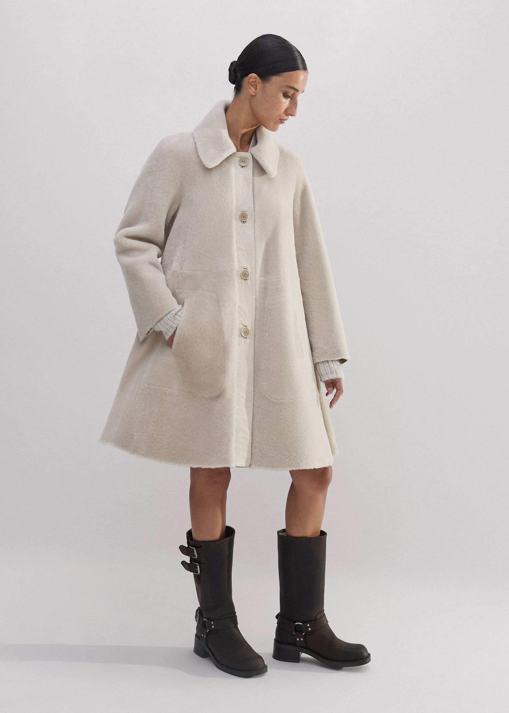 Natural Luxe Shearling Leather-Mix Swing Coat