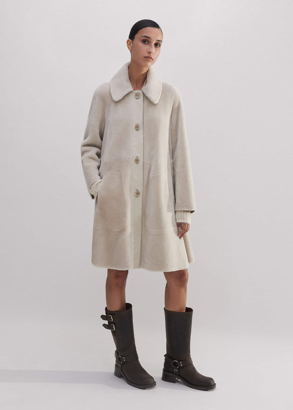 Natural Luxe Shearling Leather-Mix Swing Coat