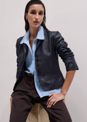 Navy Leather Luxe Short Fitted Blazer