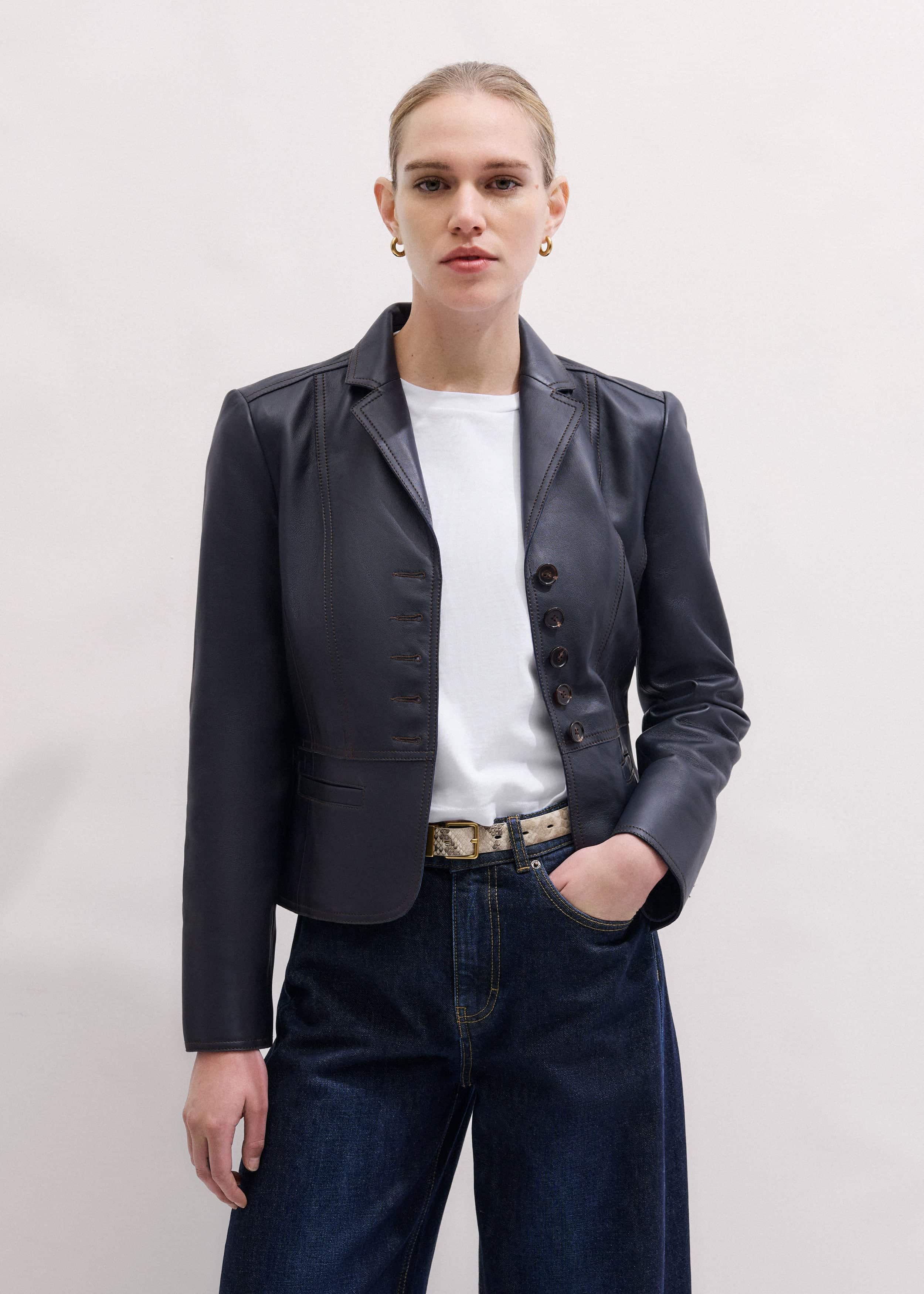 Navy Leather Luxe Short Fitted Blazer