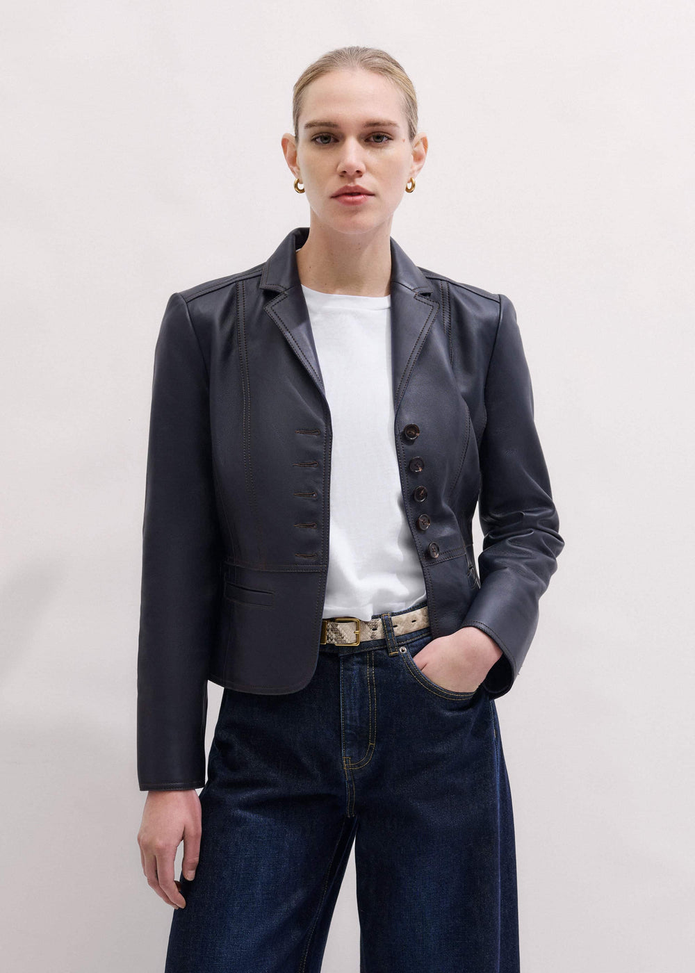 Navy Leather Luxe Short Fitted Blazer