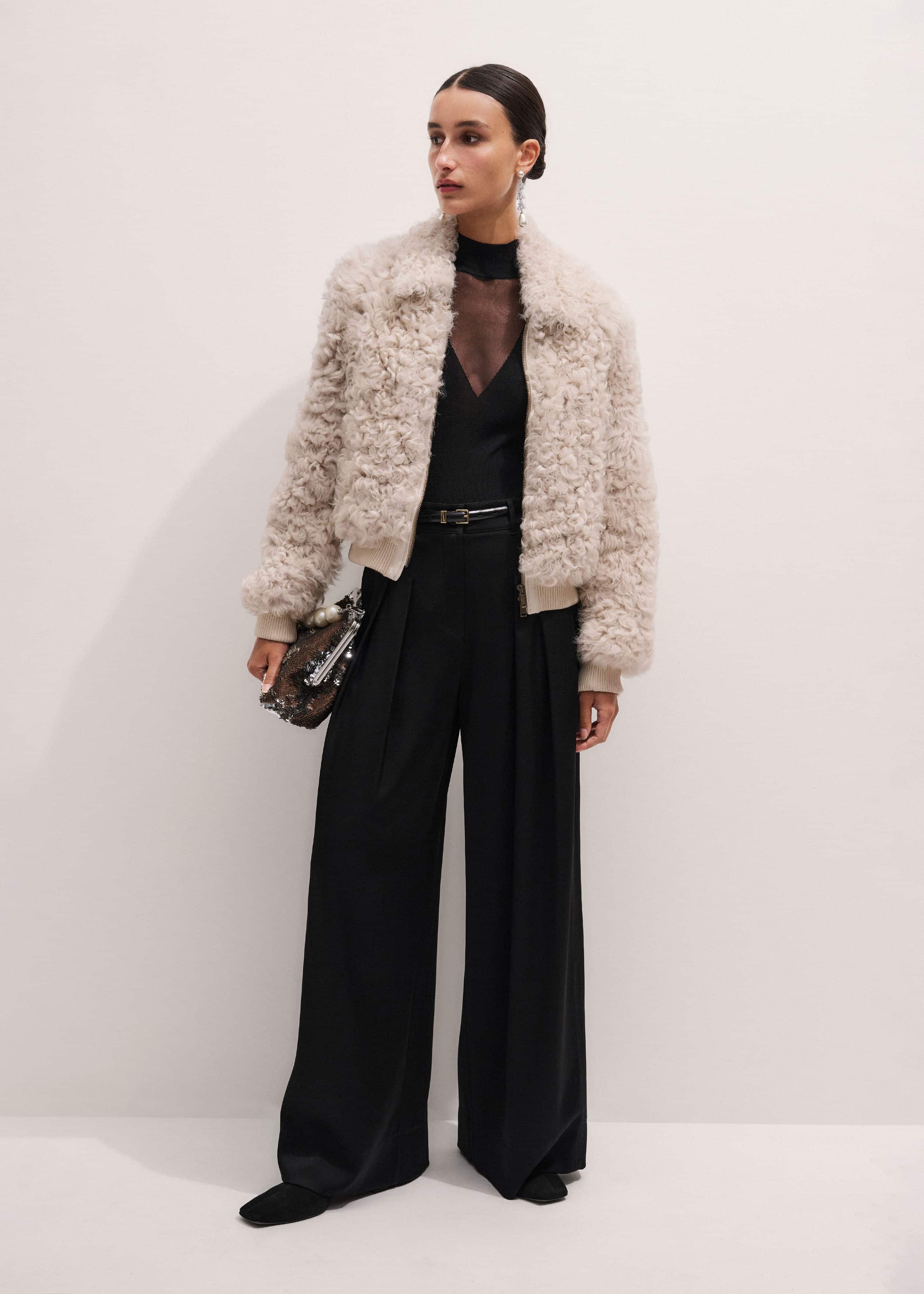 Cream Luxe Shearling Bomber Jacket