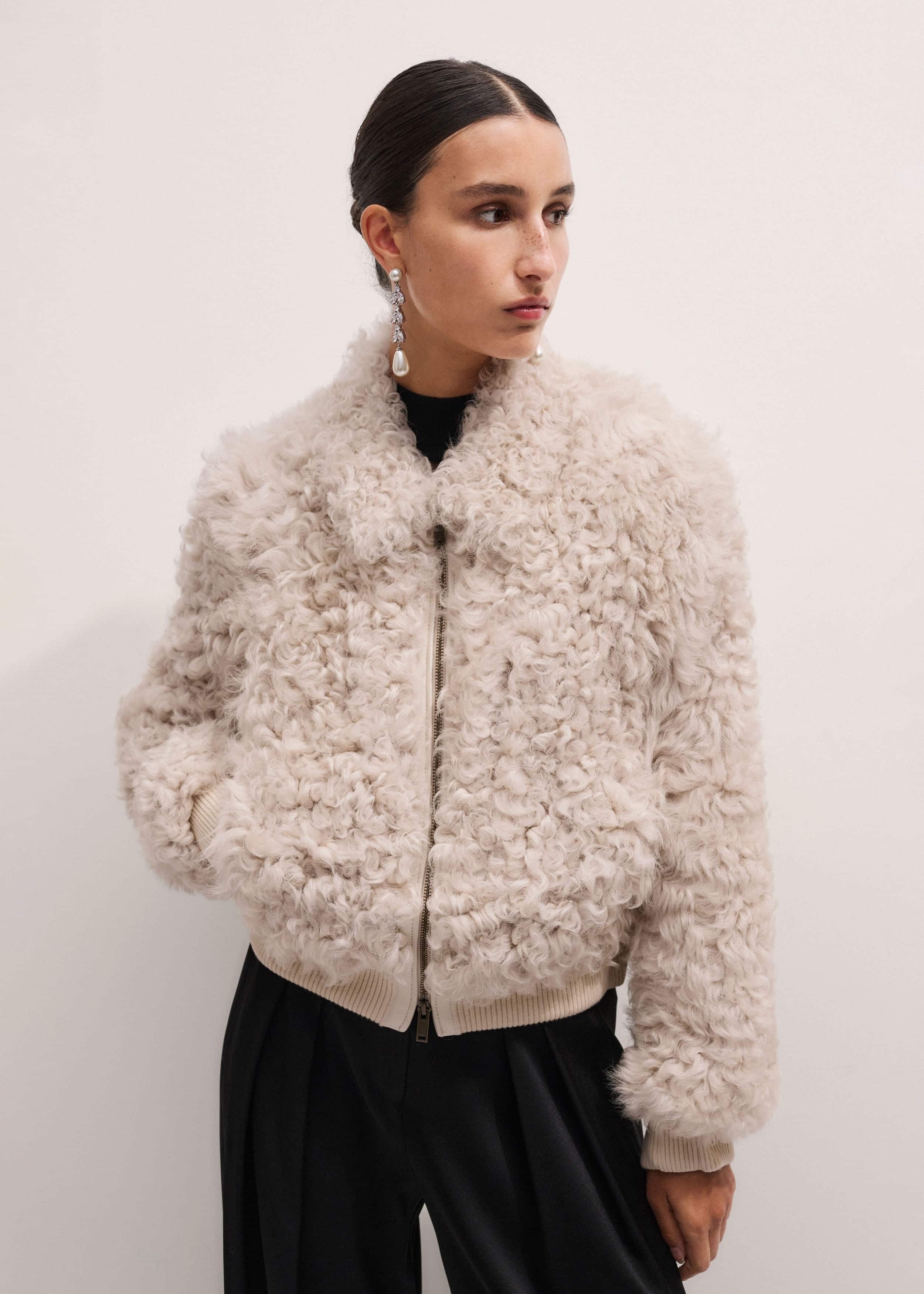 Cream Luxe Shearling Bomber Jacket