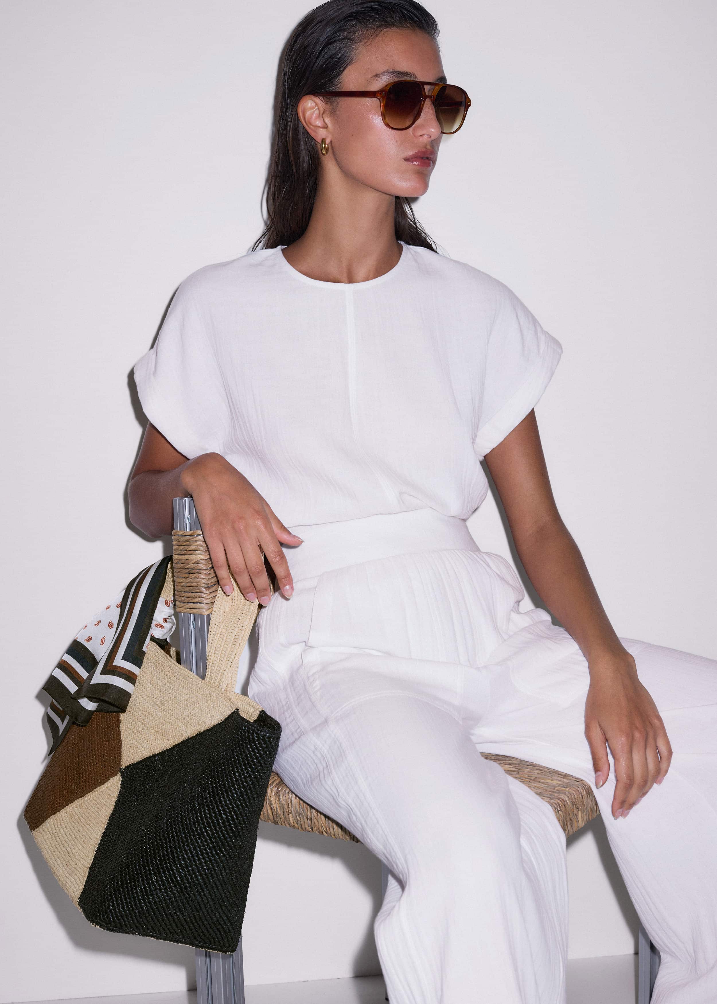 Brown Contrast Raffia Tote Bag