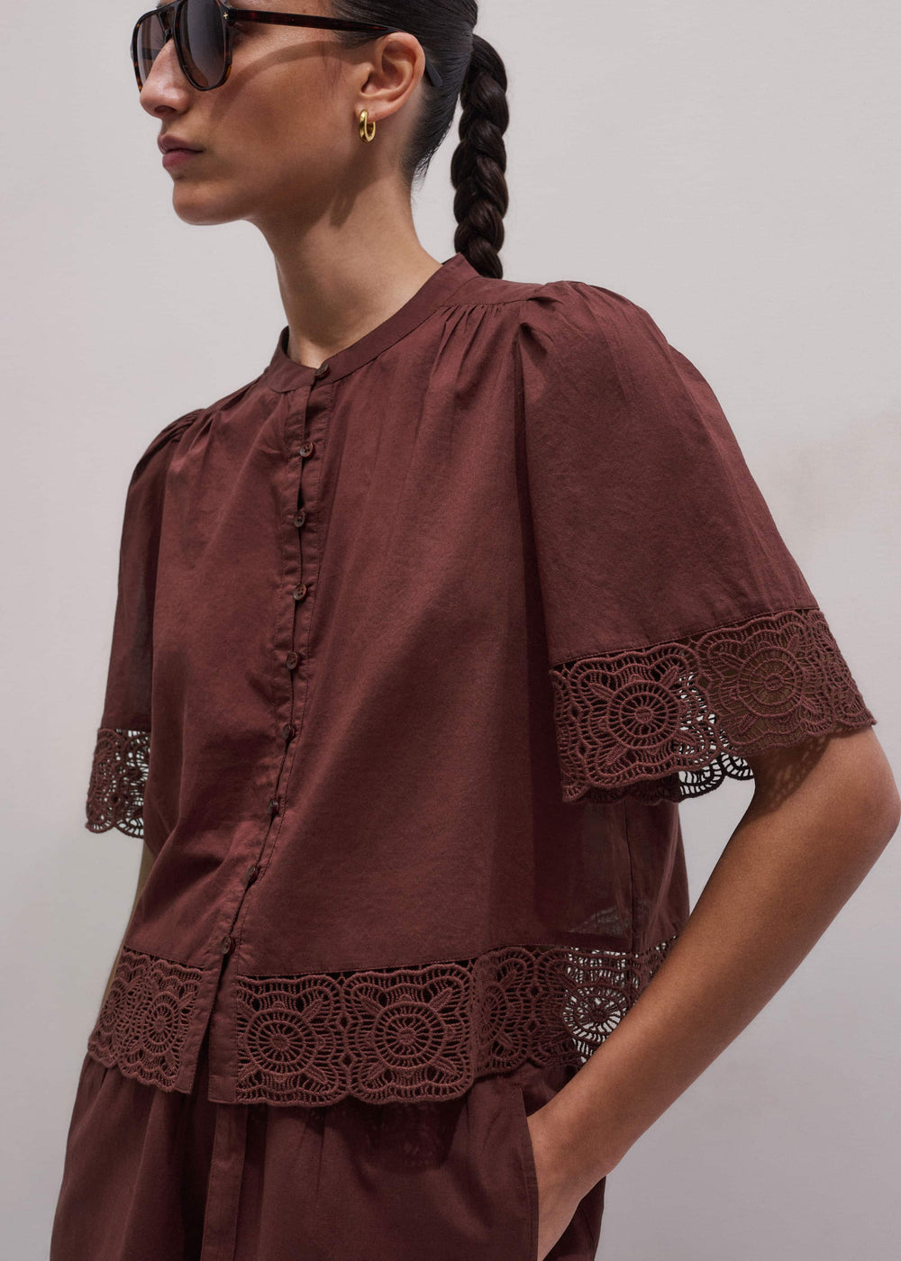 Cinnamon Brown Lace Trim Crop Top