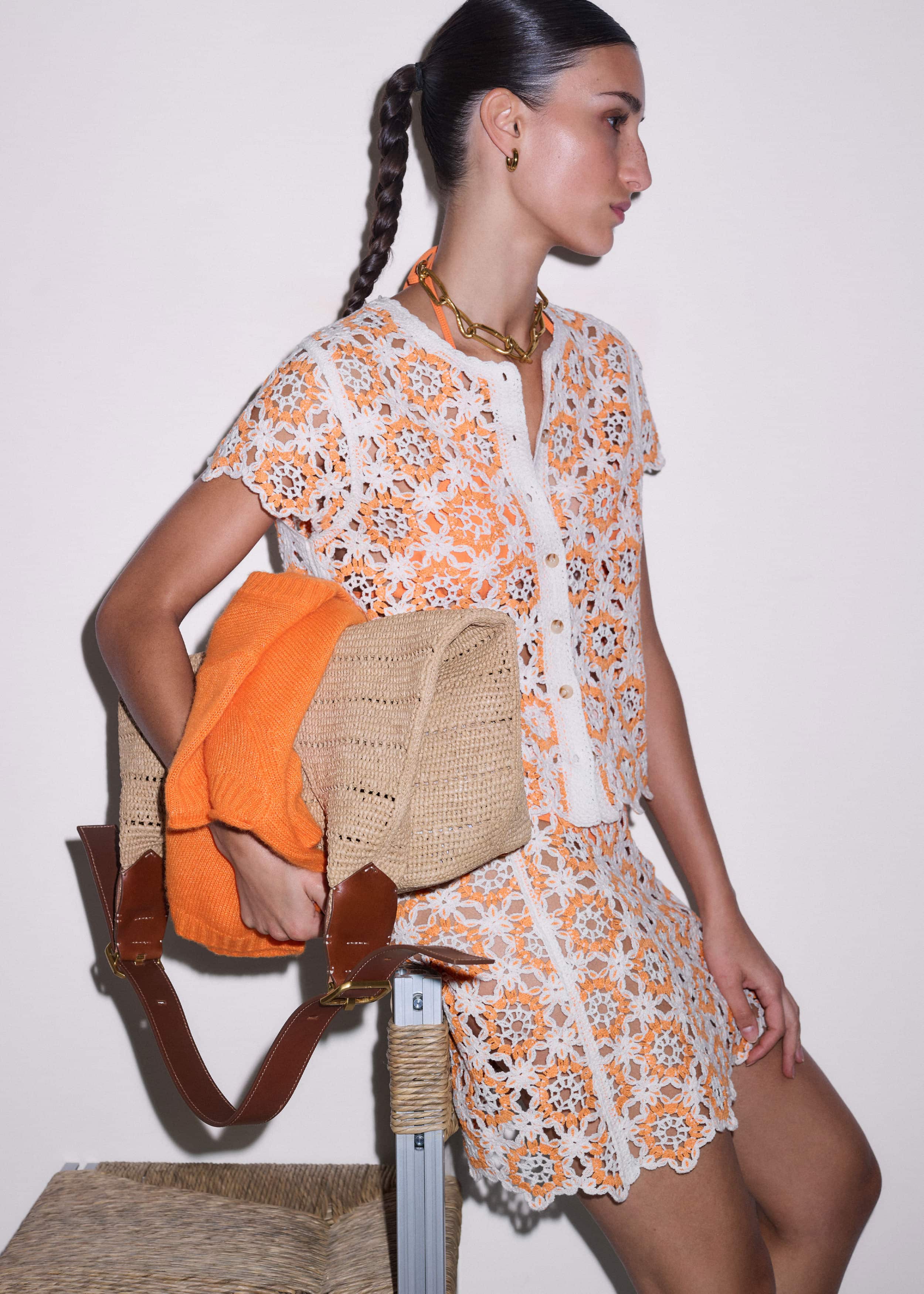 Orange Floral Crochet Mini Beach Skirt