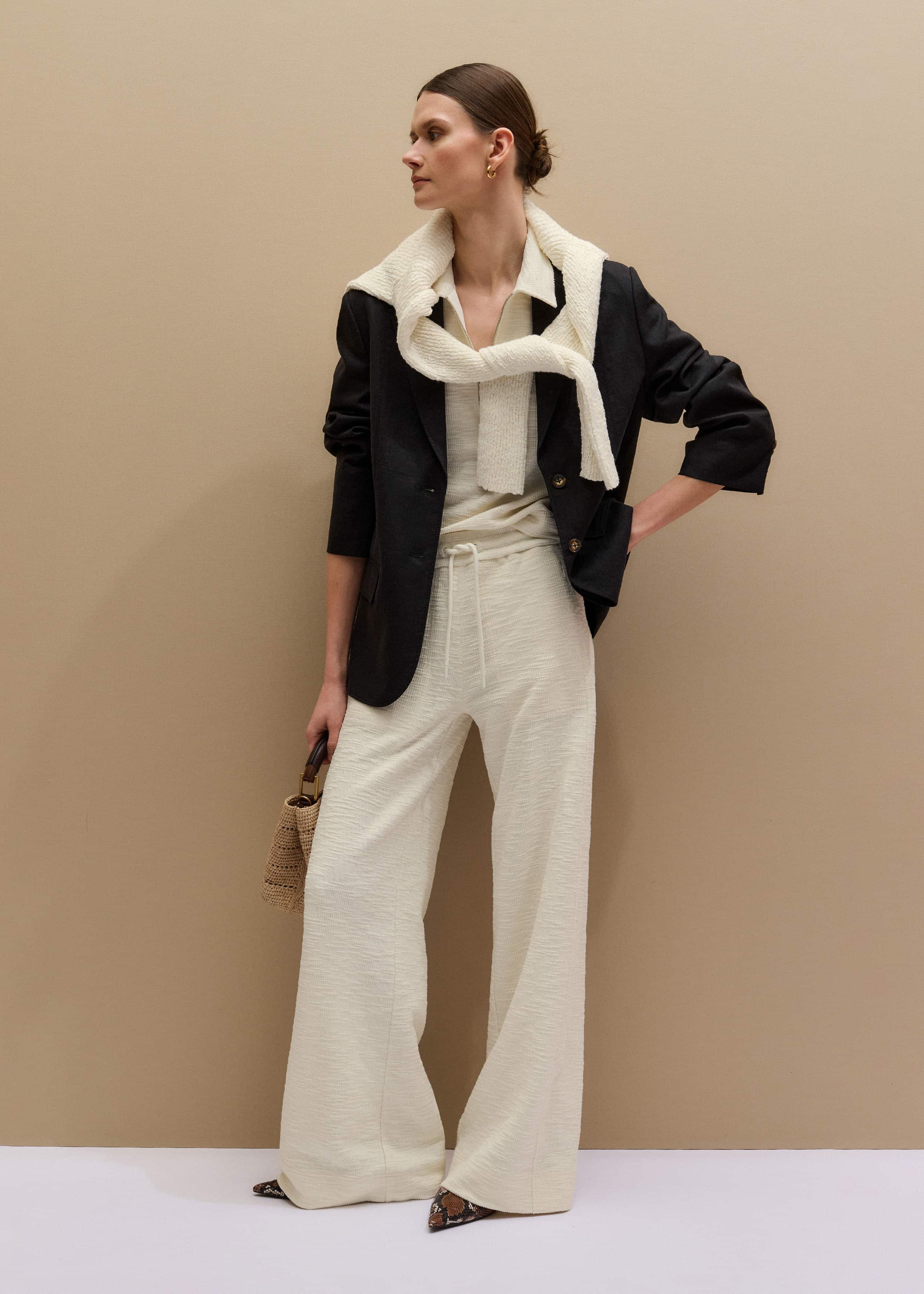 Cream Wide-Leg Track Pant