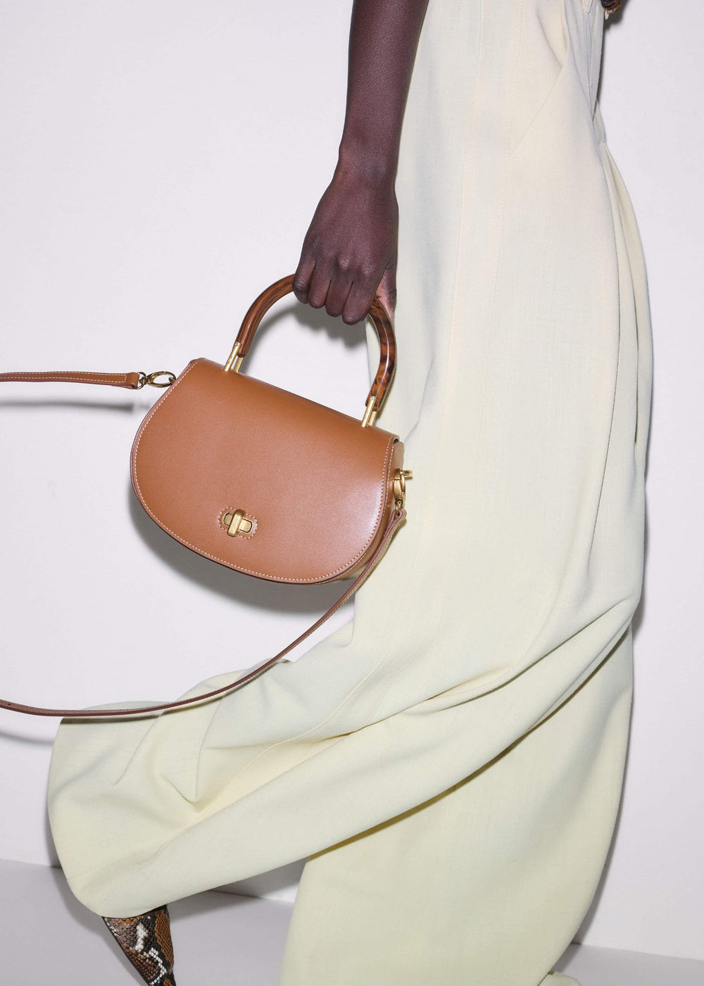 Dark Tan Resin Top Handle Structured Saddle Bag