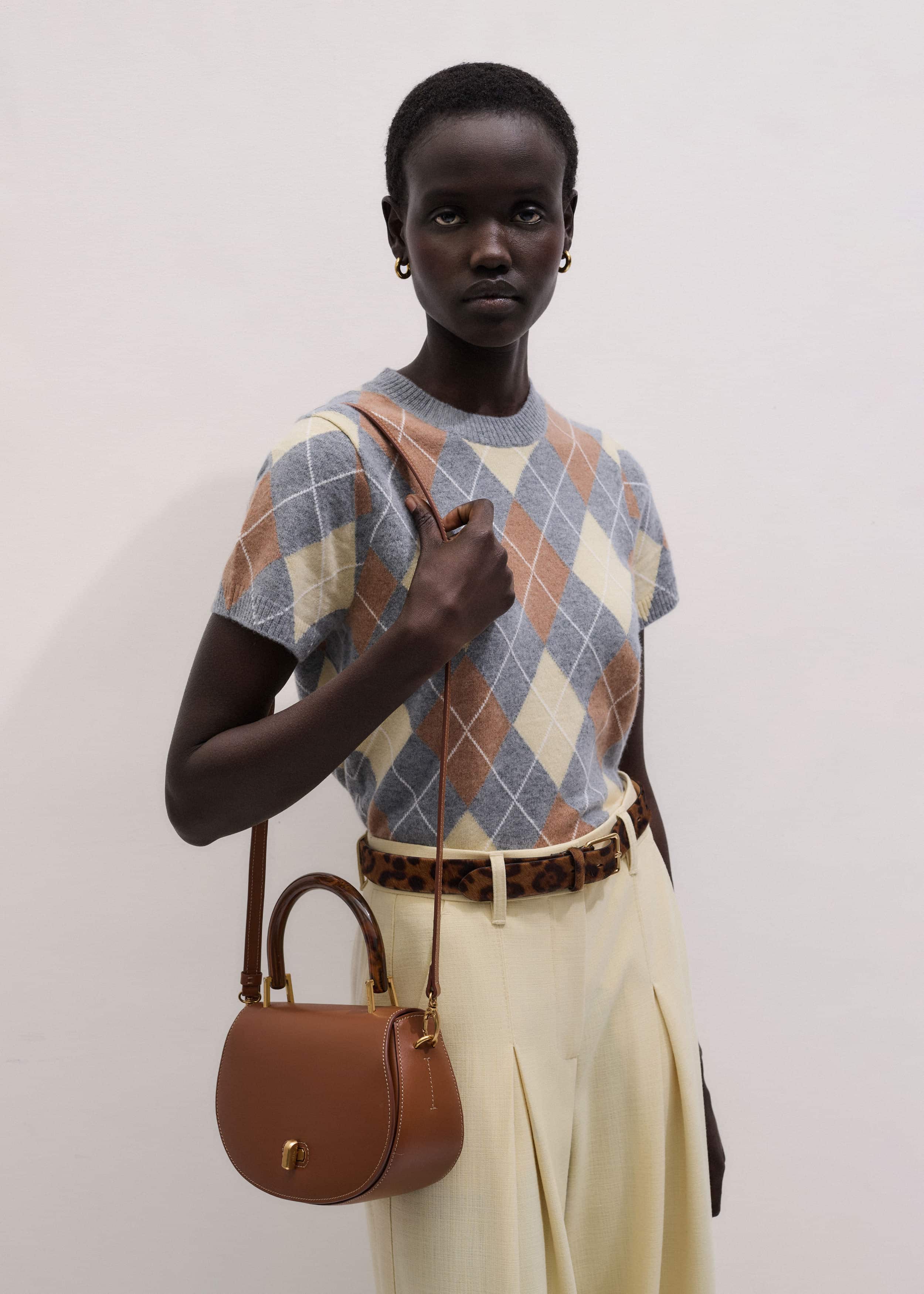 Dark Tan Resin Top Handle Structured Saddle Bag