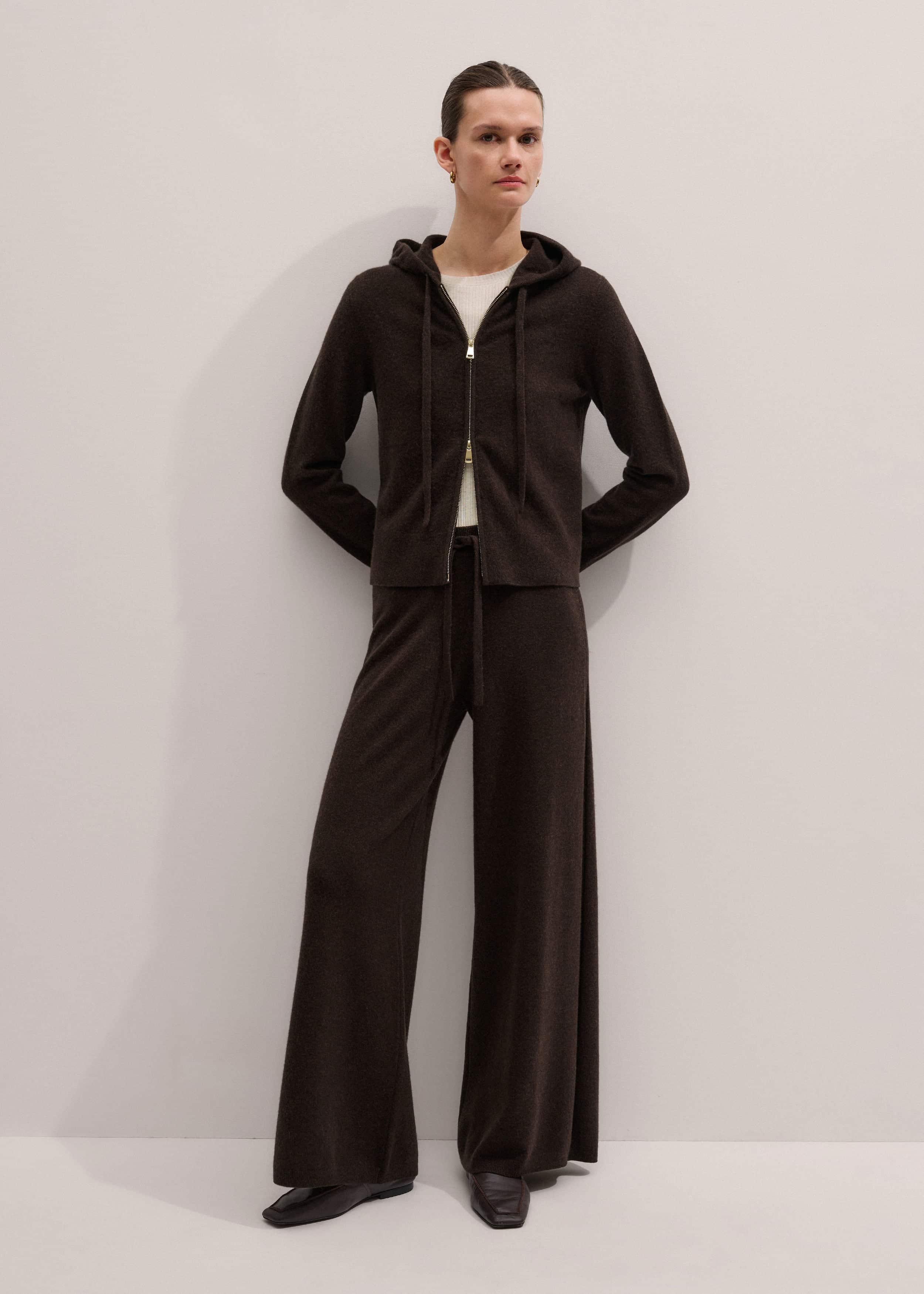 Brown Cashmere Straight Hoodie + Wide-Leg Pant Knitted Co-ord